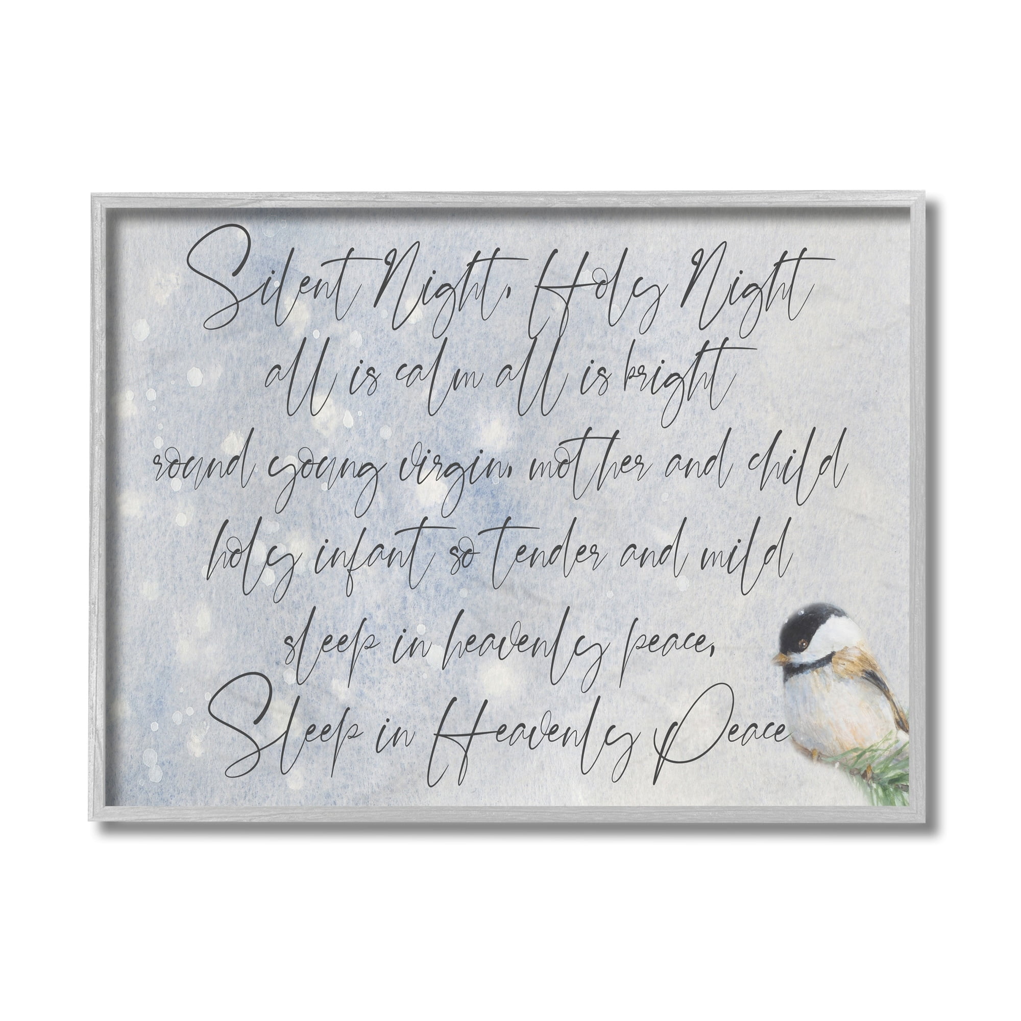 Stupell Industries Christmas Silent Night Script Winter Bird Illustration Holiday Painting Gray Framed Art Print Wall Art, 11 x 14