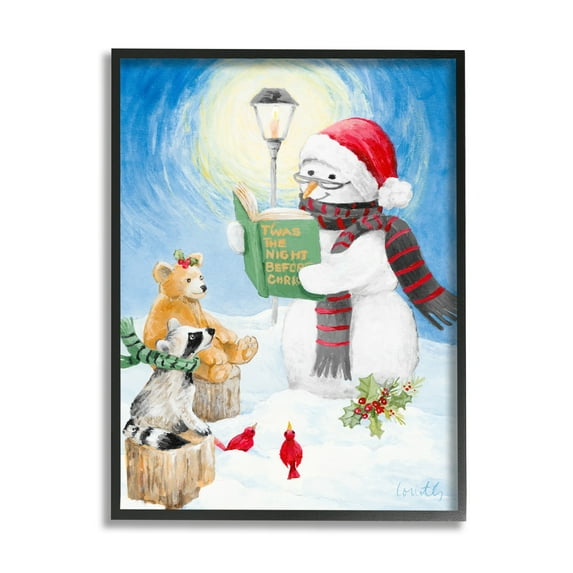 Stupell Industries Christmas Snowman Reading Winter Holiday Animals Holiday Painting Black Framed Art Print Wall Art, 16 x 20