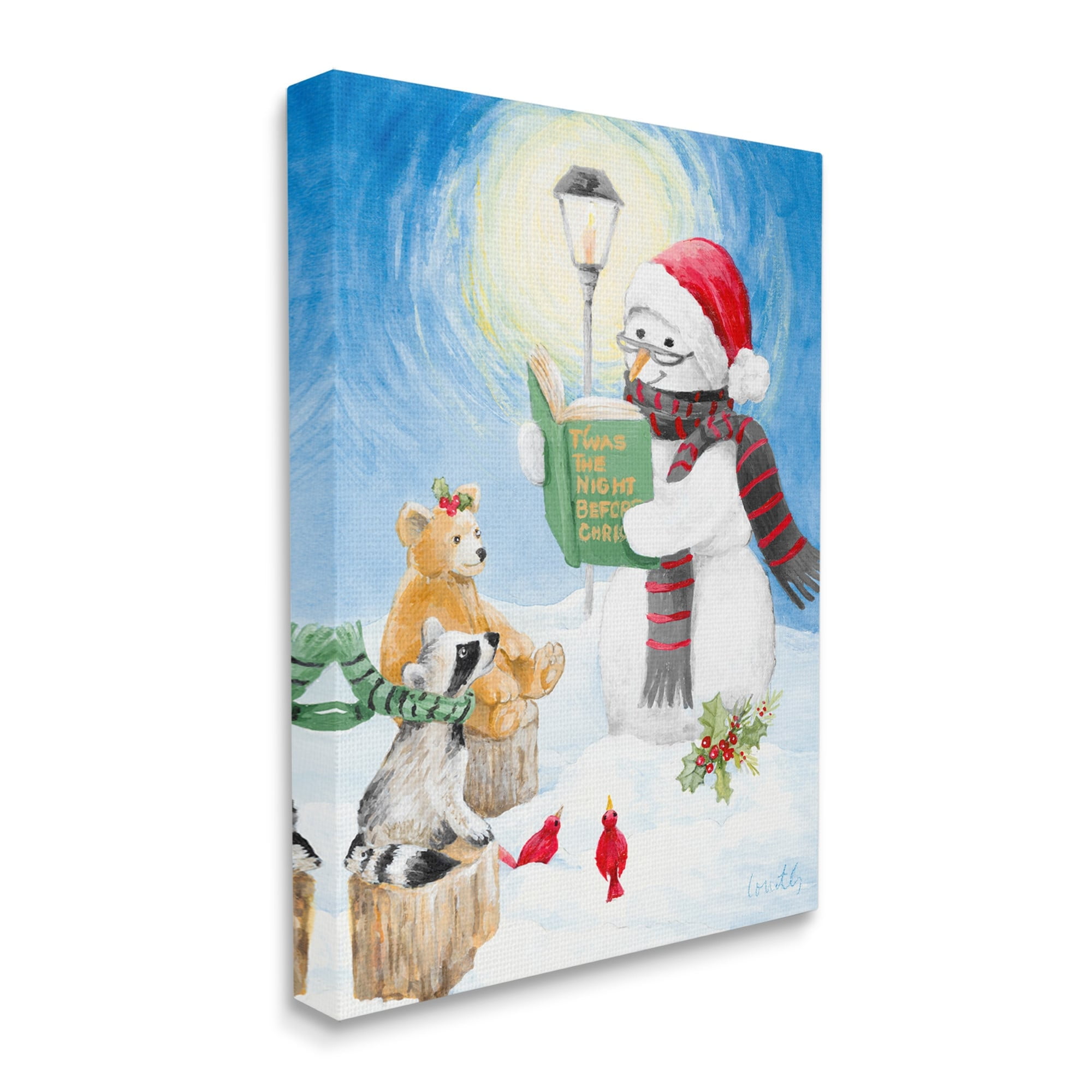 Stupell Industries Christmas Snowman Reading Winter Holiday Animals Holiday Painting Gallery Wrapped Canvas Art Print Wall Art, 30 x 40