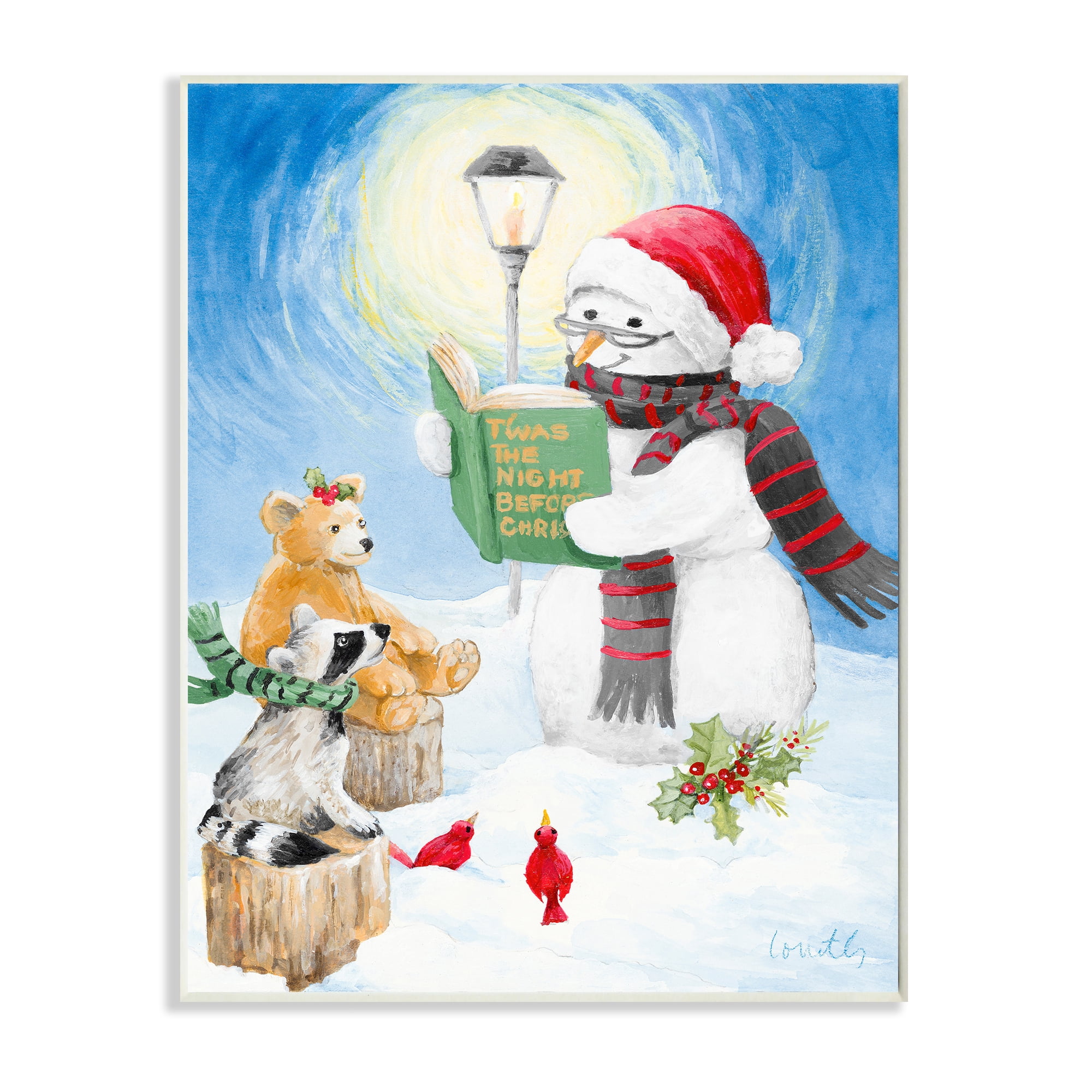 Stupell Industries Christmas Snowman Reading Winter Holiday Animals Holiday Painting Wall Plaque Art Print Wall Art, 10 x 15