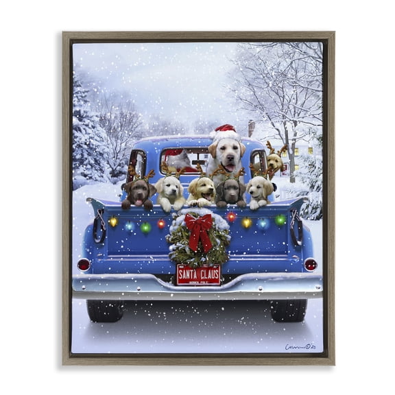 Stupell Industries Christmas Tailgate Dog Truck Holiday Painting Brown Floater Framed Canvas Art Print Wall Art, 25 x 31