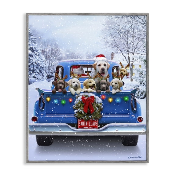 Christmas Tailgate Puppies Gray Framed Giclee Art, 24 x 30, Made In USA