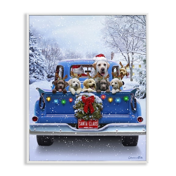 Christmas Tailgate Puppies White Framed Giclee Art, 11 x 14, Made In USA