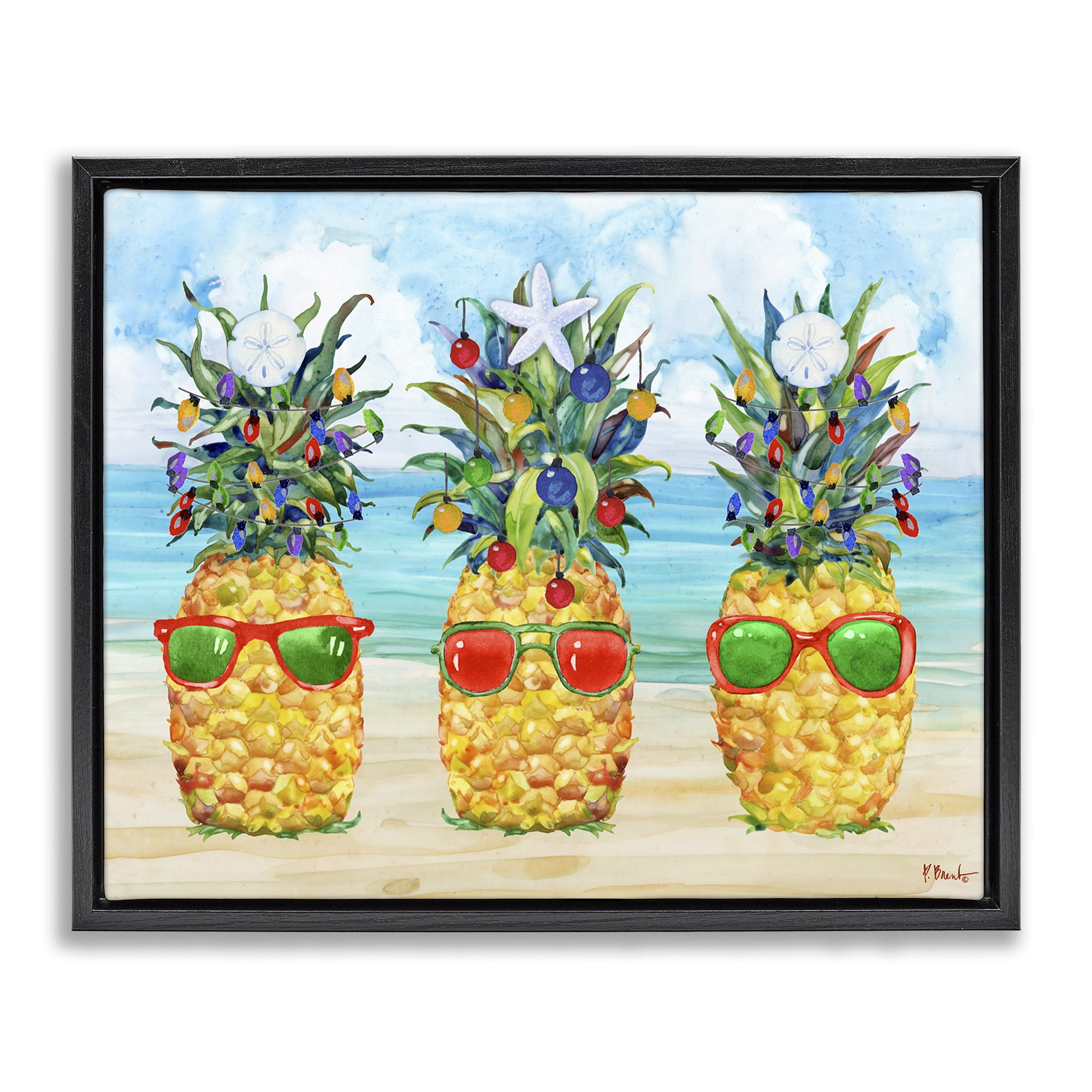 Stupell Industries Christmas Themed Pineapples Holiday Painting Black Floater Framed Art Print Wall Art, 21 x 17