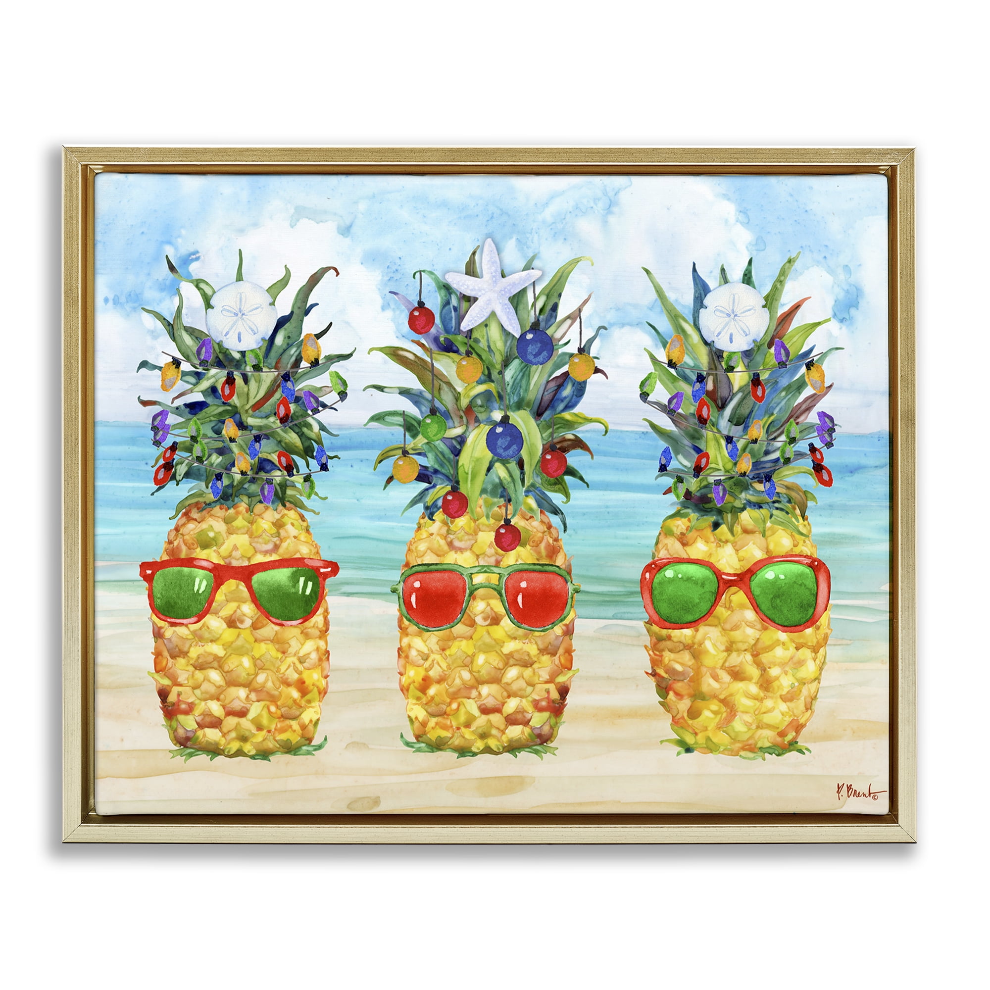 Stupell Industries Christmas Themed Pineapples Holiday Painting Gold Floater Framed Art Print Wall Art, 21 x 17
