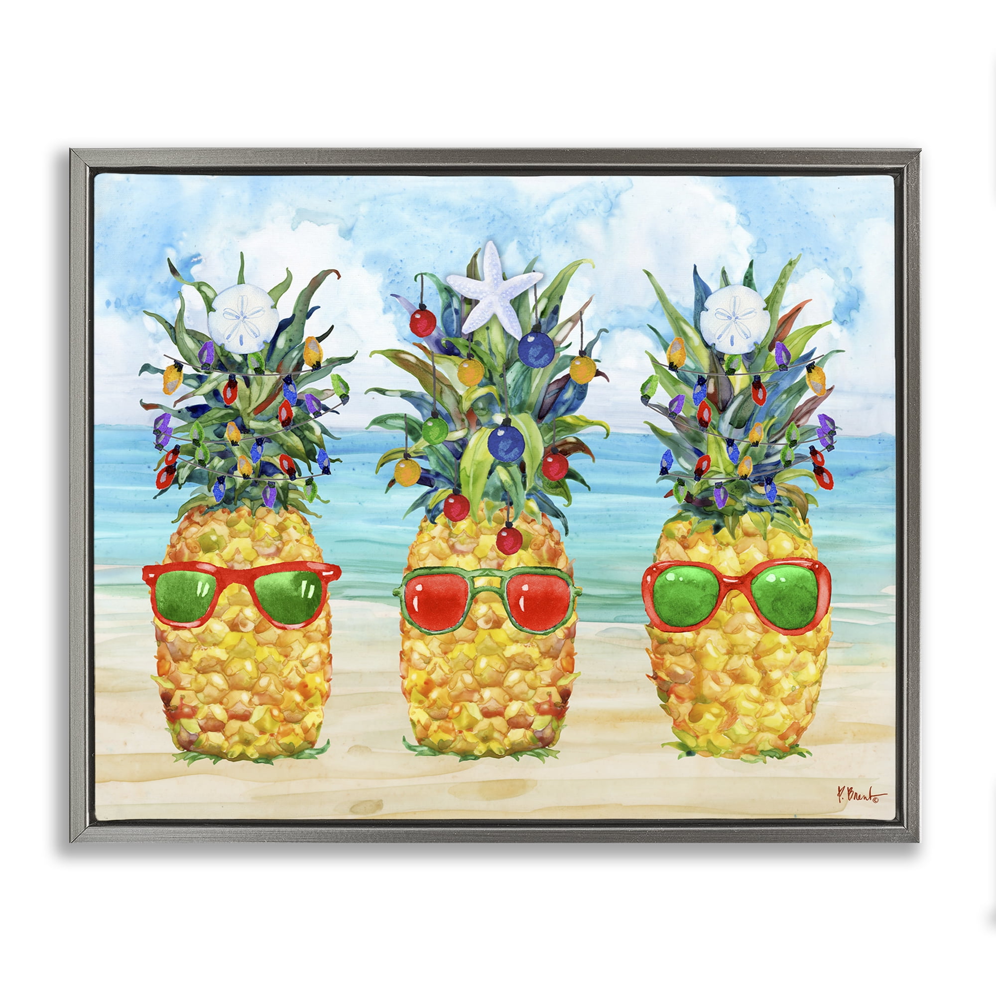 Stupell Industries Christmas Themed Pineapples Holiday Painting Gray Floater Framed Art Print Wall Art, 21 x 17