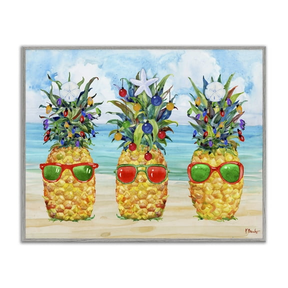 Stupell Industries Christmas Themed Pineapples Holiday Painting Gray Framed Art Print Wall Art, 14 x 11