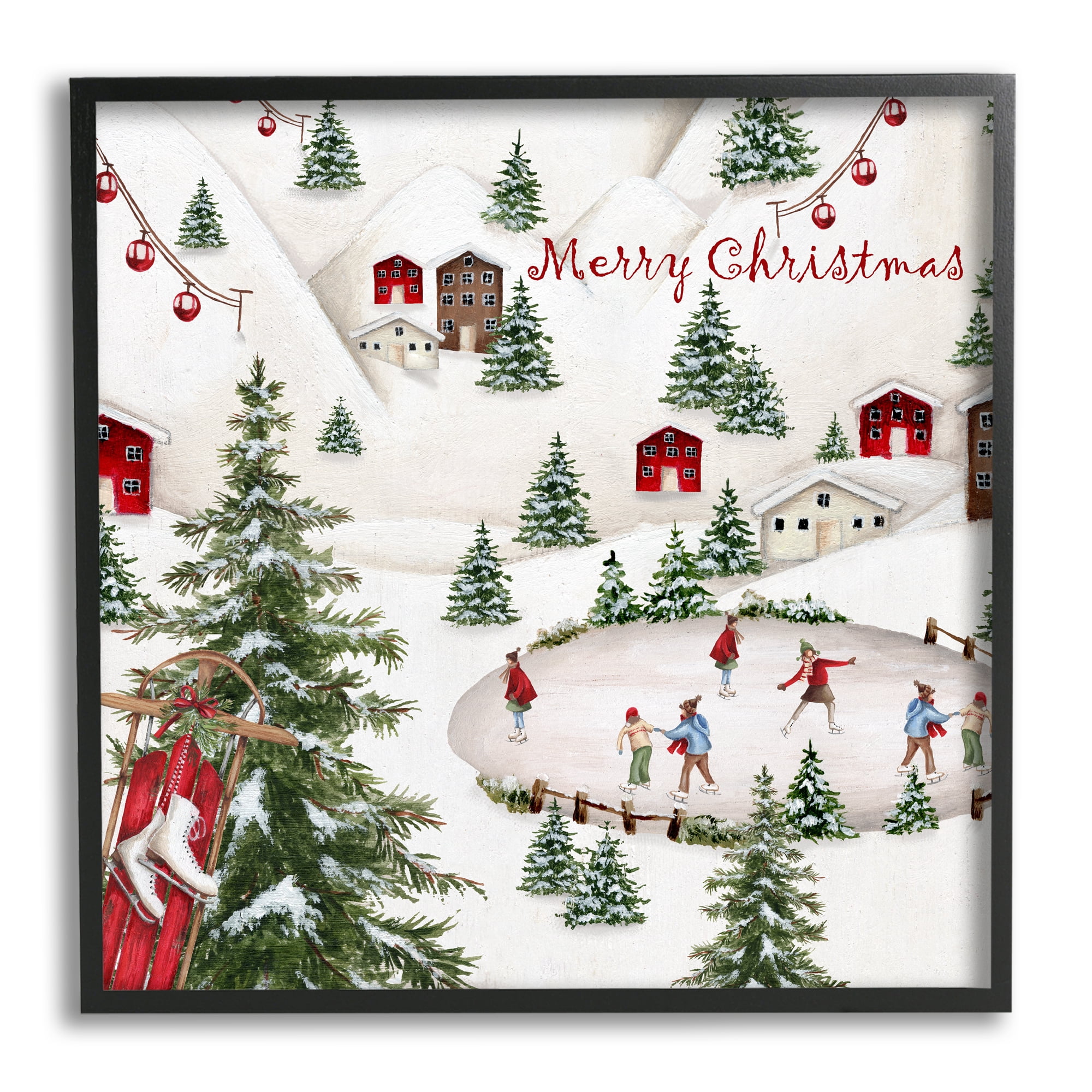 Stupell Industries Christmas Town Ice Skating Holiday Painting Black Framed Art Print Wall Art, 17 x 17