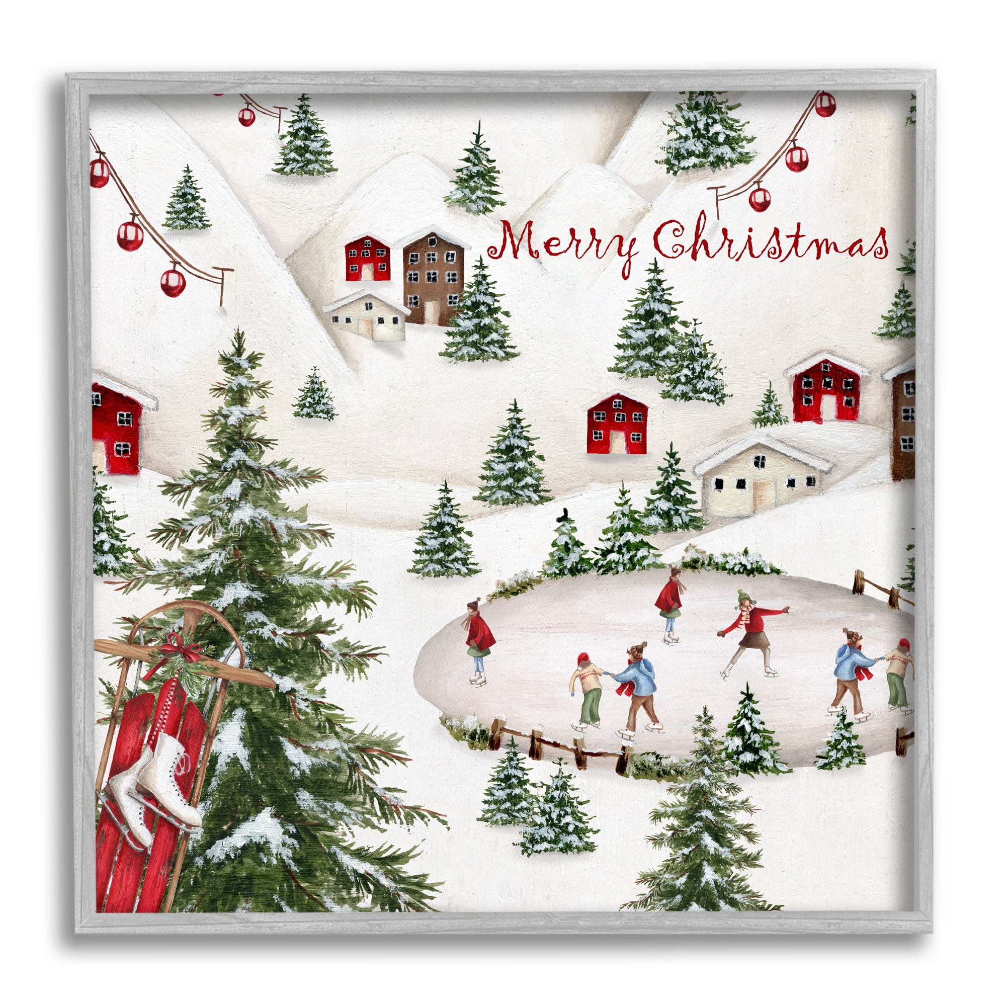 Stupell Industries Christmas Town Ice Skating Holiday Painting Gray Framed Art Print Wall Art, 24 x 24