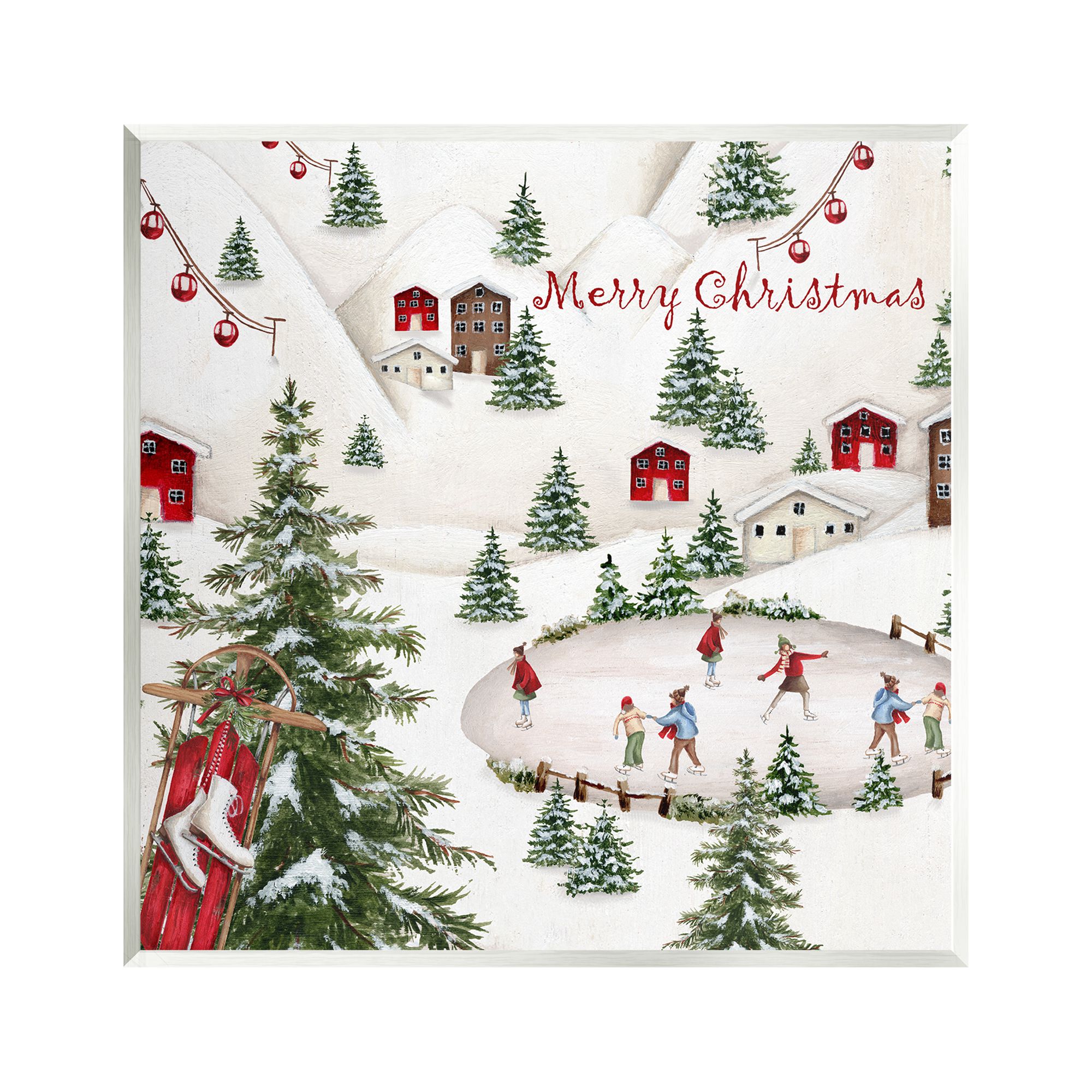 Stupell Industries Christmas Town Ice Skating Holiday Painting Unframed Art Print Wall Art, 12 x 12