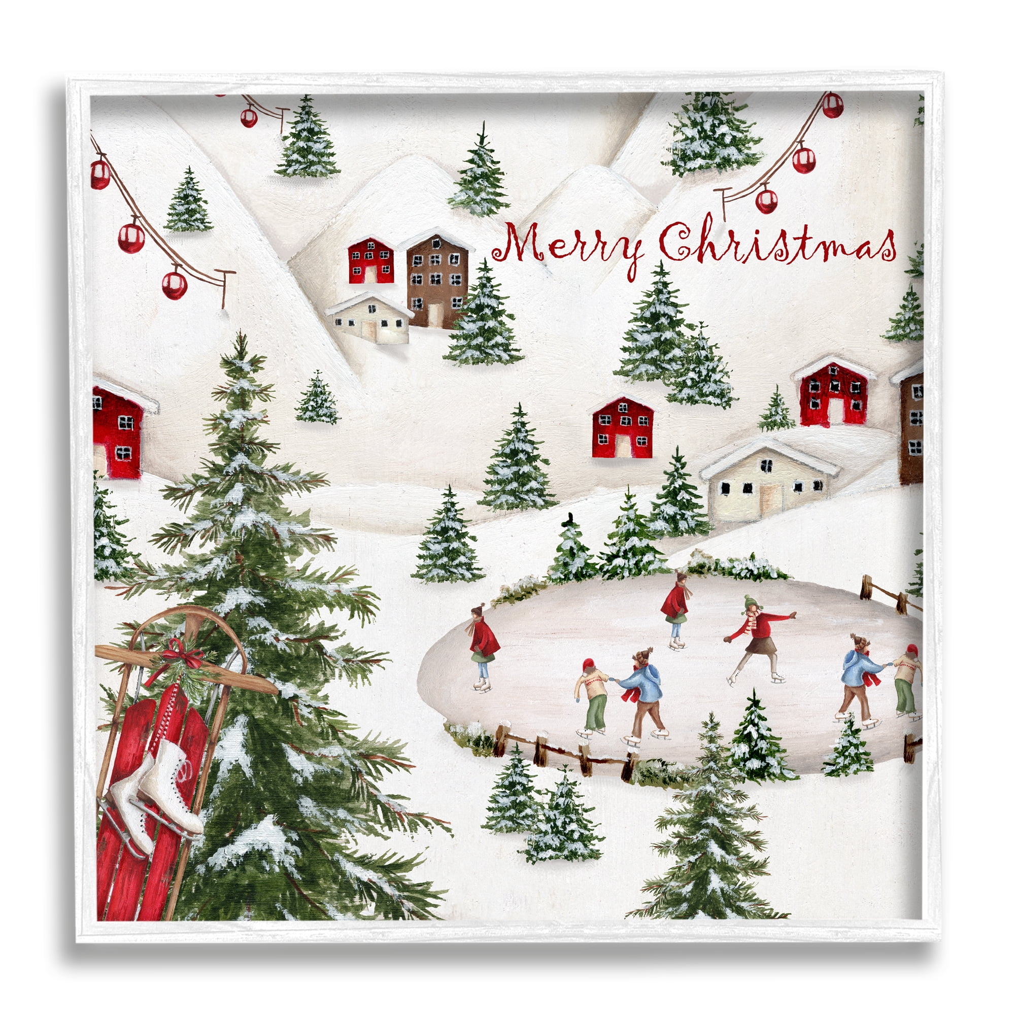 Stupell Industries Christmas Town Ice Skating Holiday Painting White Framed Art Print Wall Art, 12 x 12