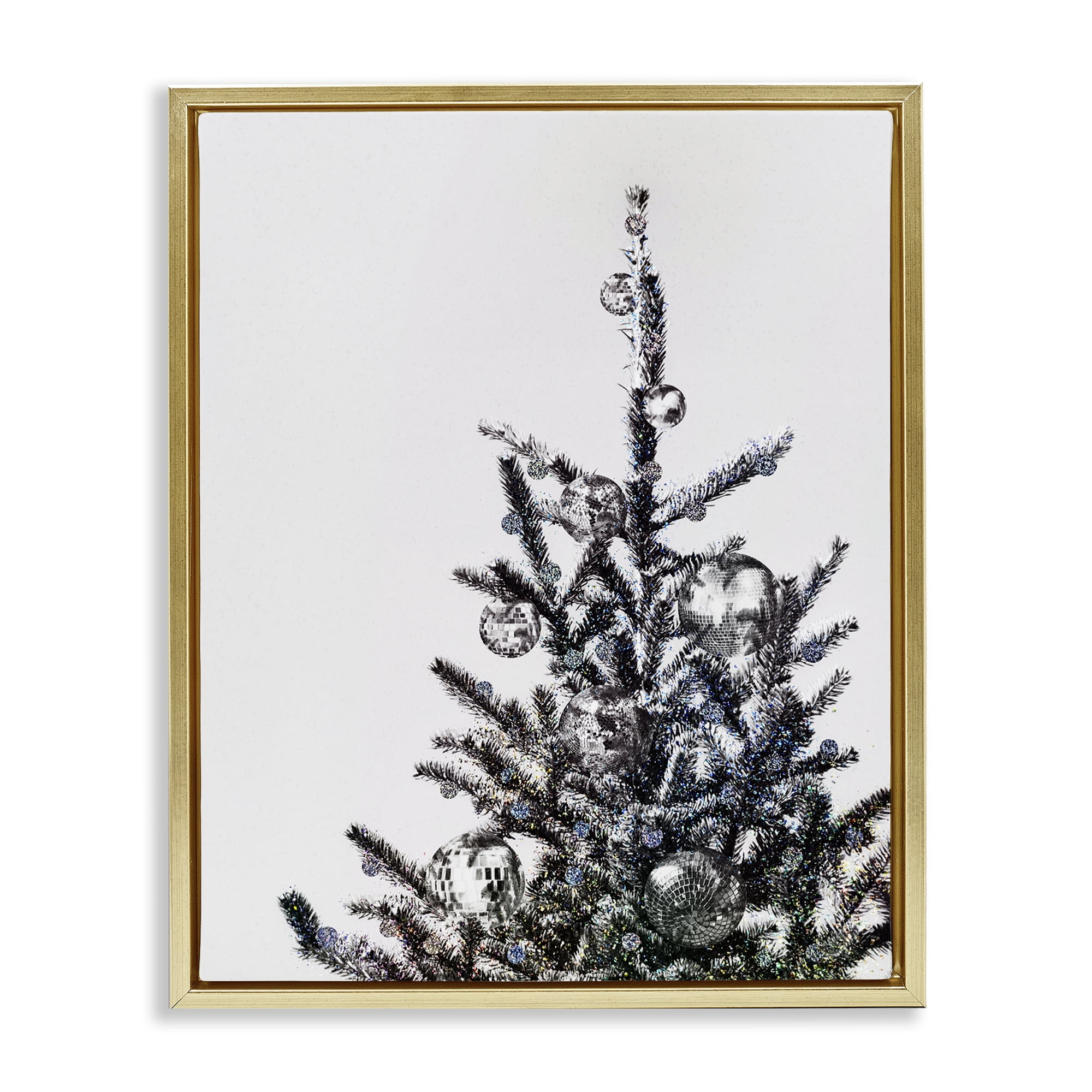 Stupell Industries Christmas Tree Disco Balls Holiday Painting Gold Floater Framed Art Print Wall Art, 17 x 21