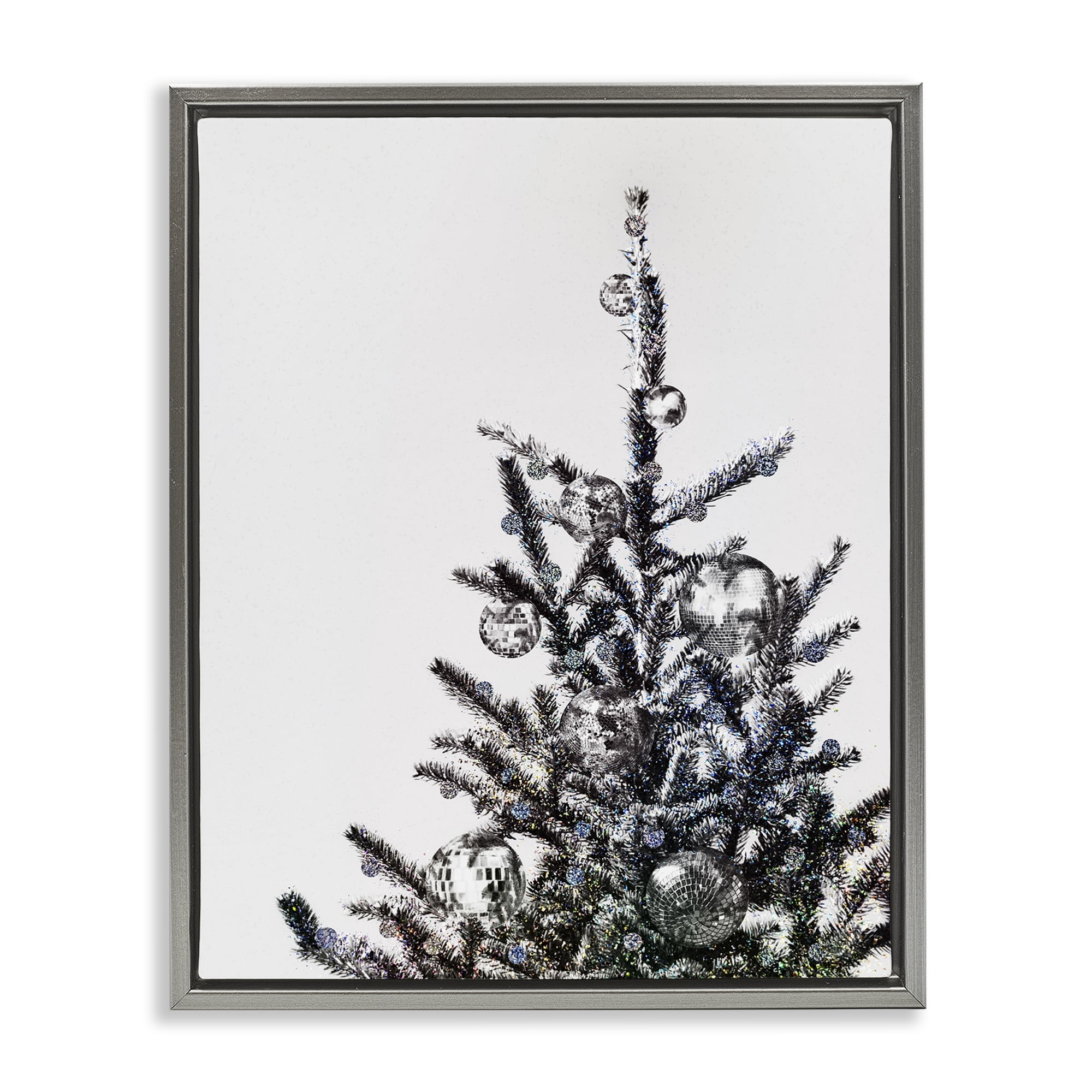 Stupell Industries Christmas Tree Disco Balls Holiday Painting Gray Floater Framed Art Print Wall Art, 17 x 21