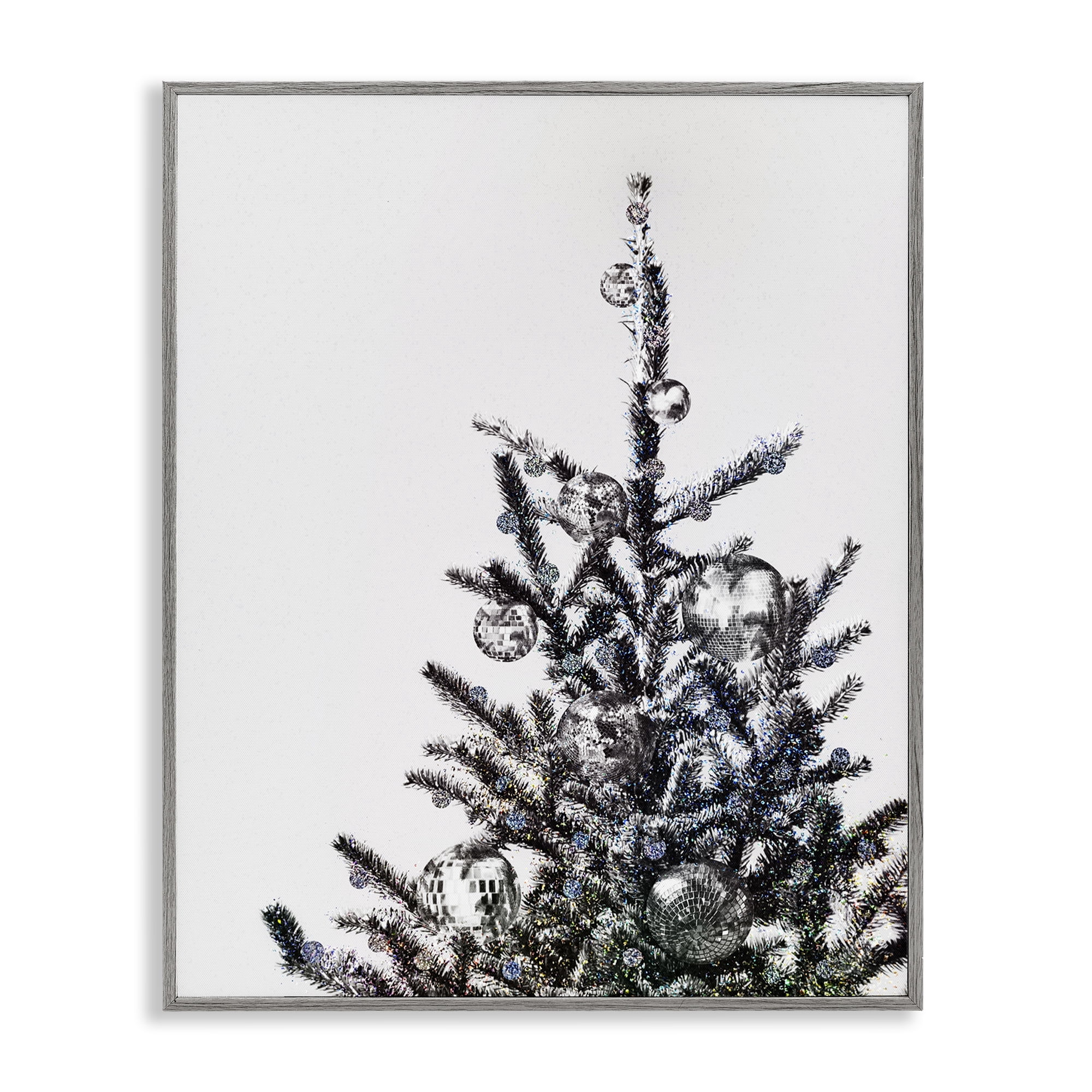 Stupell Industries Christmas Tree Disco Balls Holiday Painting Gray Framed Art Print Wall Art, 16 x 20