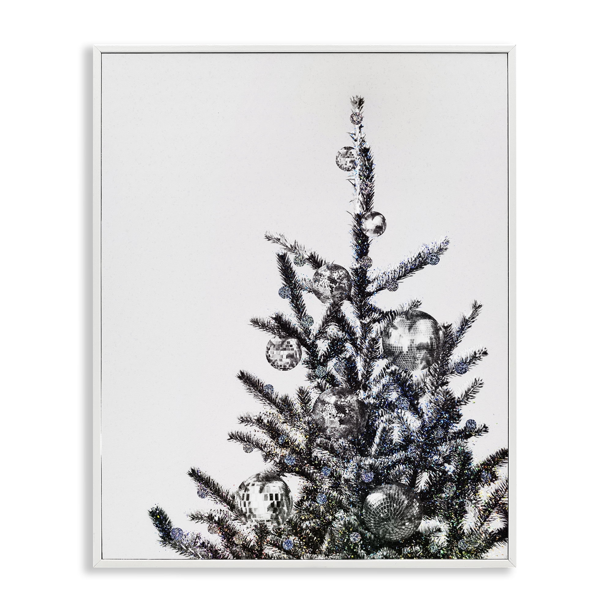 Stupell Industries Christmas Tree Disco Balls Holiday Painting White Framed Art Print Wall Art, 24 x 30