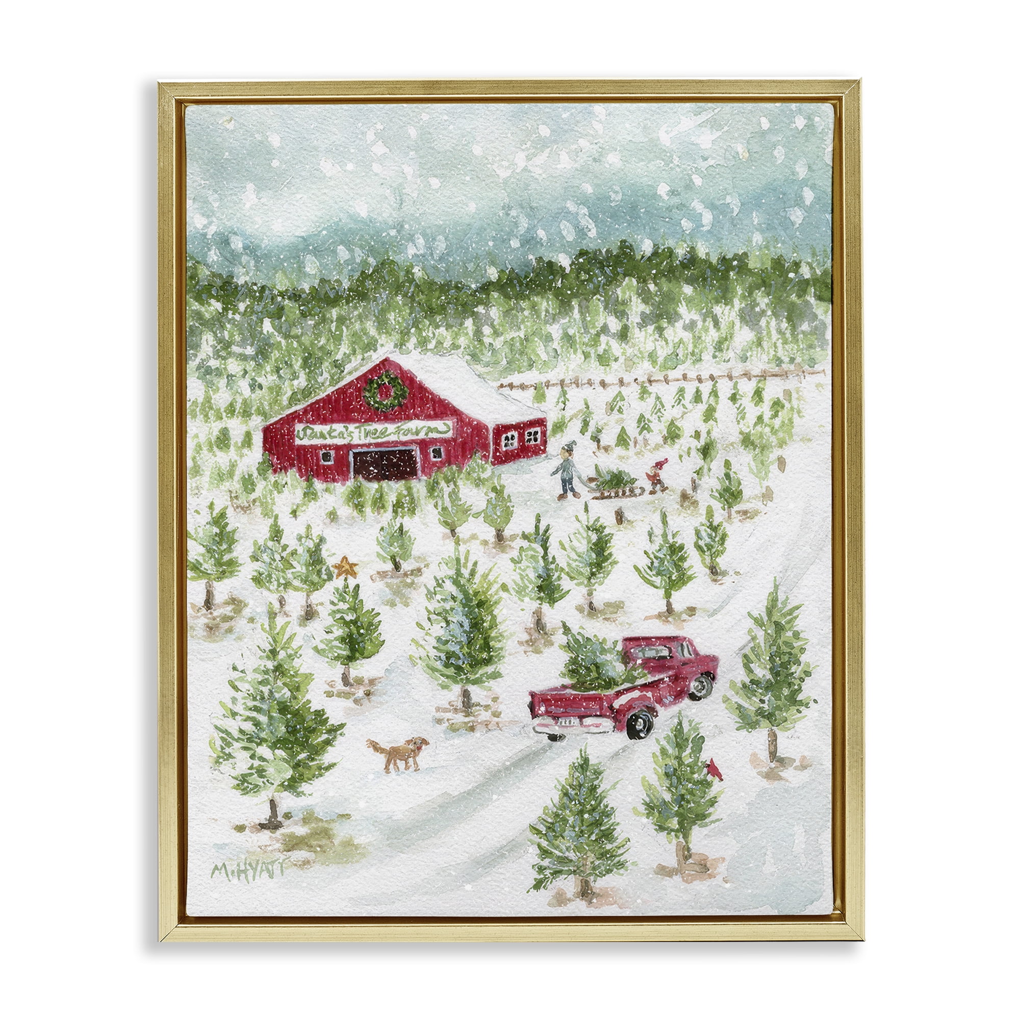 Stupell Industries Christmas Tree Farm Holiday Painting Gold Floater Framed Canvas Art Prints Wall Art, 25 x 31