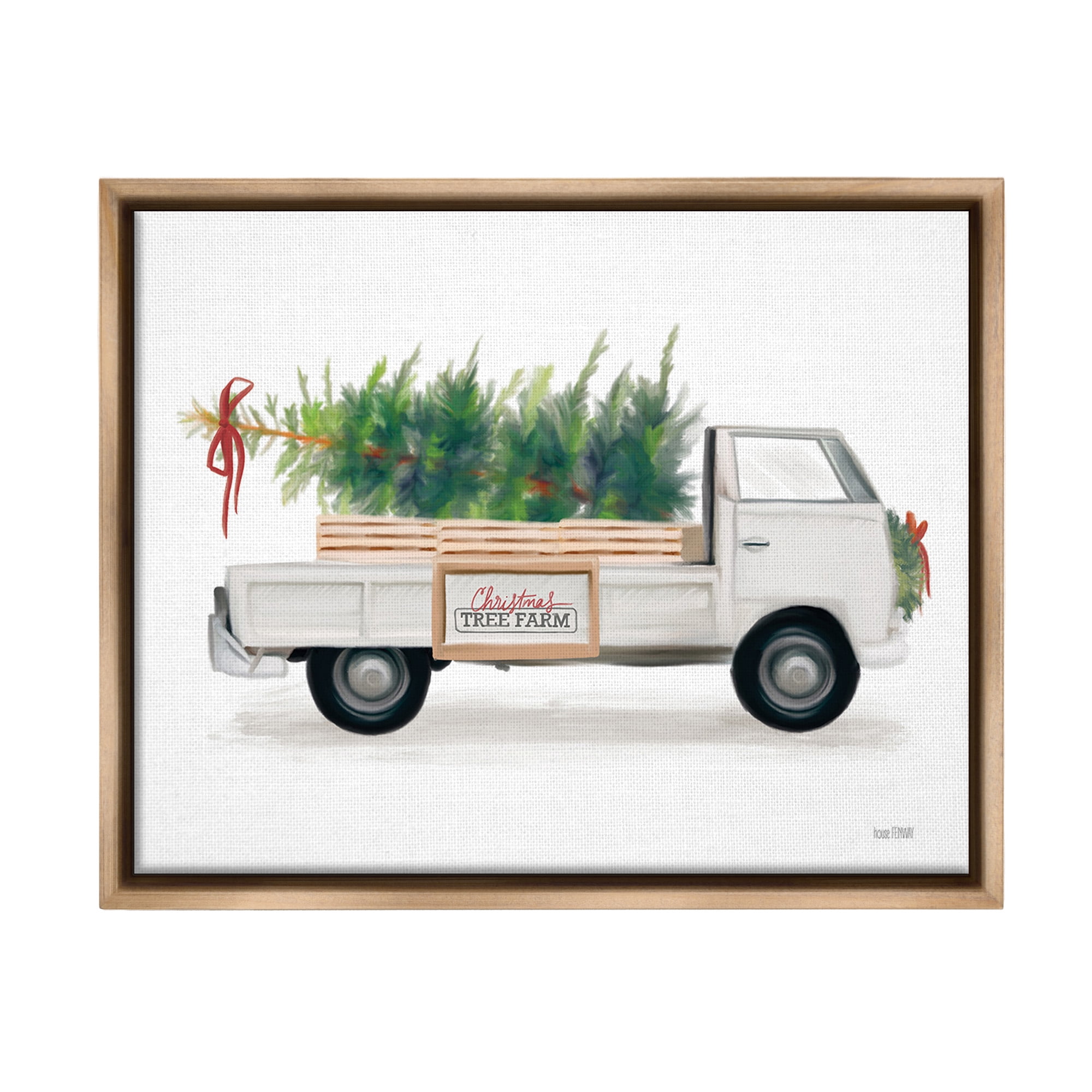 Stupell Industries Christmas Tree Farm Truck Holiday Painting Brown Floater Framed Canvas Art Print Wall Art, 31 x 25