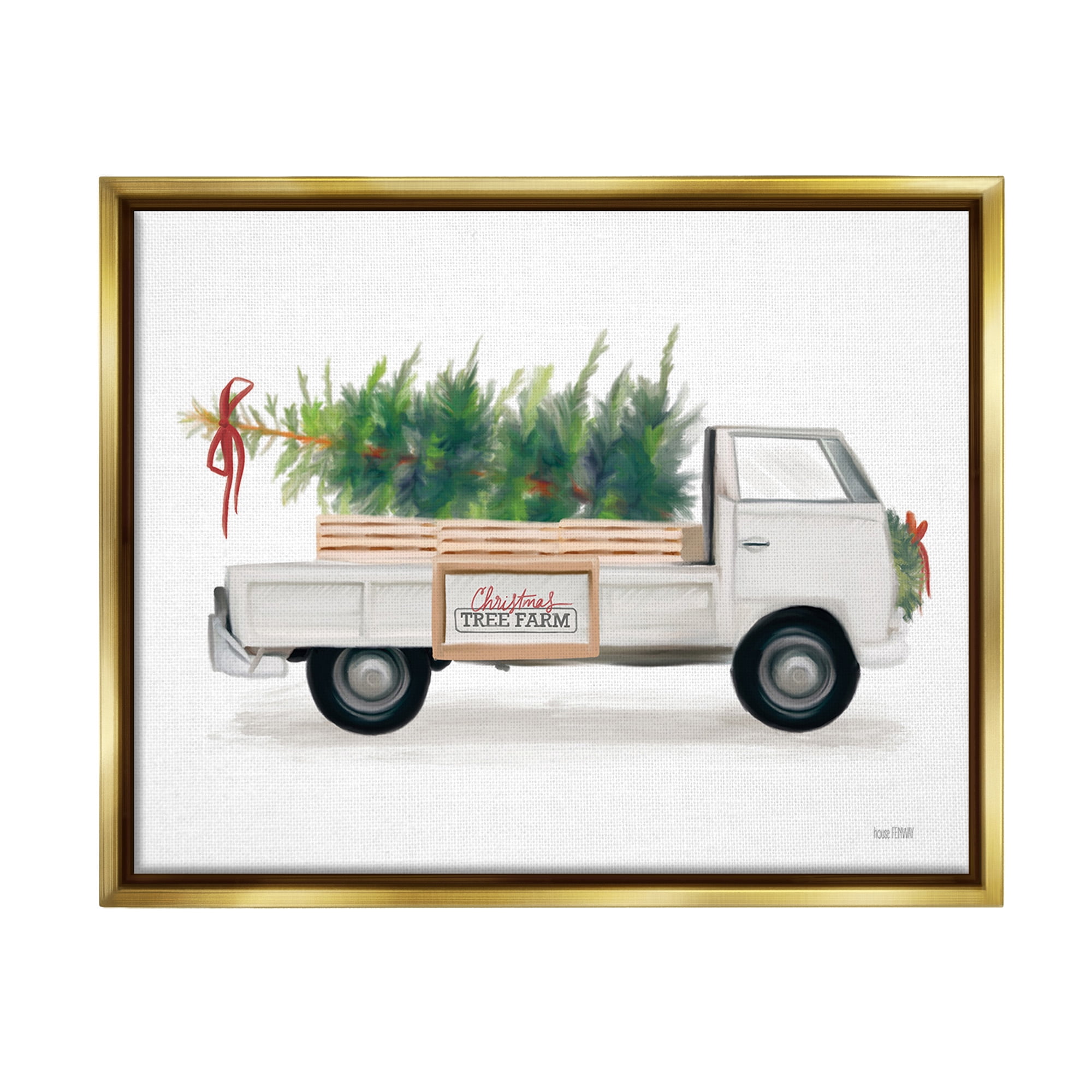 Stupell Industries Christmas Tree Farm Truck Holiday Painting Gold Floater Framed Canvas Art Print Wall Art, 21 x 17