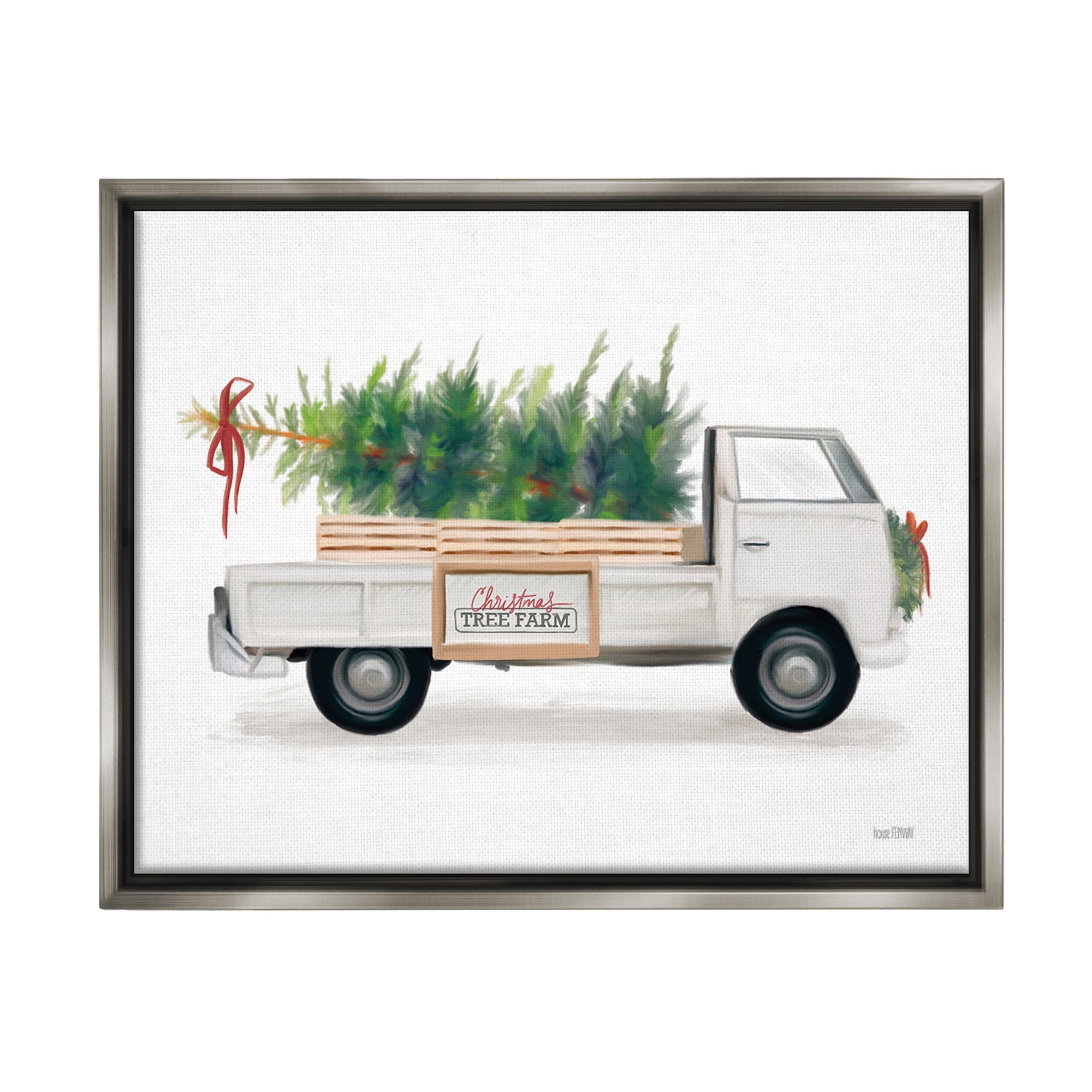 Stupell Industries Christmas Tree Farm Truck Holiday Painting Gray Floater Framed Canvas Art Print Wall Art, 31 x 25