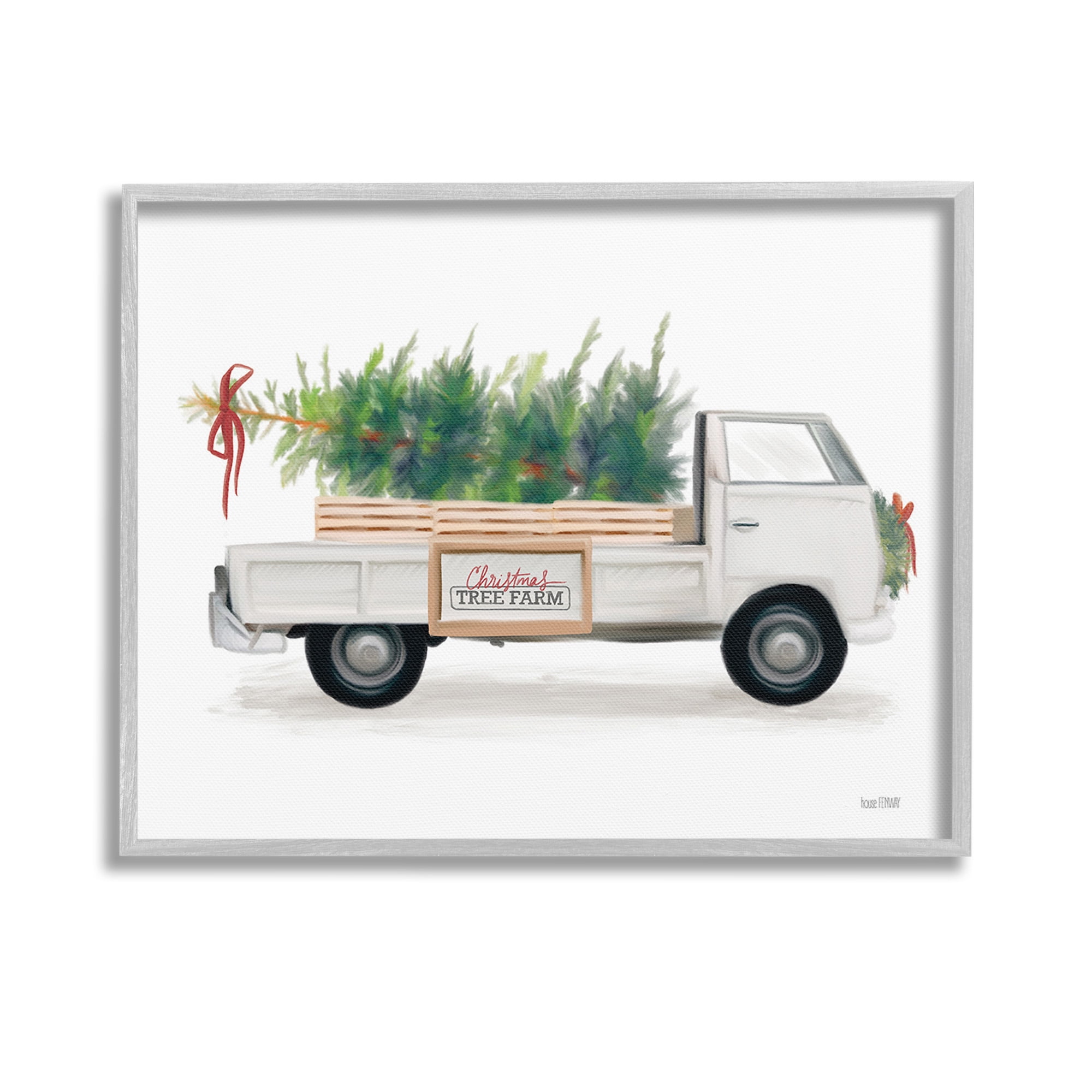 Stupell Industries Christmas Tree Farm Truck Holiday Painting Gray Framed Art Print Wall Art, 14 x 11