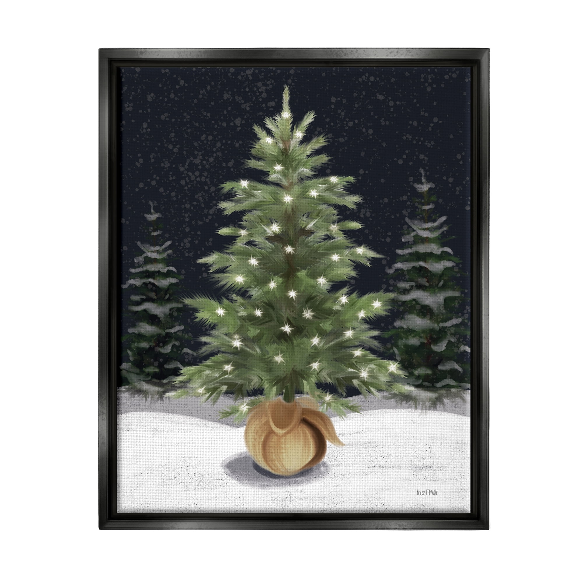 Stupell Industries Christmas Tree Snow Scene Holiday Painting Black Floater Framed Canvas Art Print Wall Art, 25 x 31