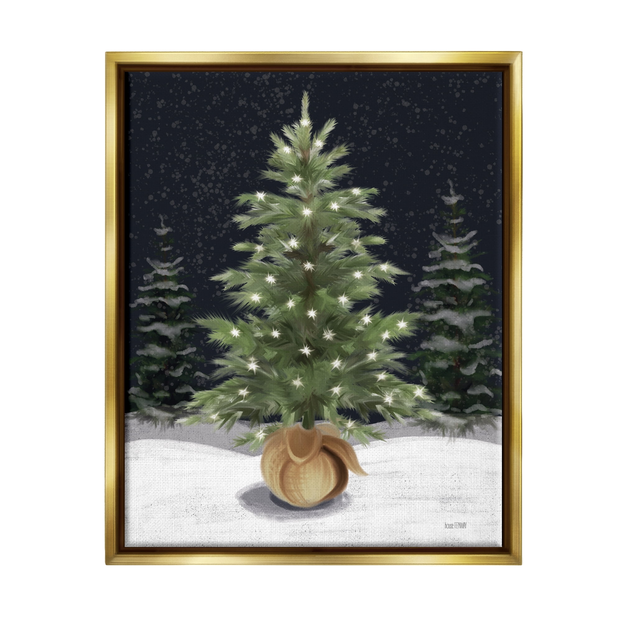 Stupell Industries Christmas Tree Snow Scene Holiday Painting Gold Floater Framed Canvas Art Print Wall Art, 17 x 21