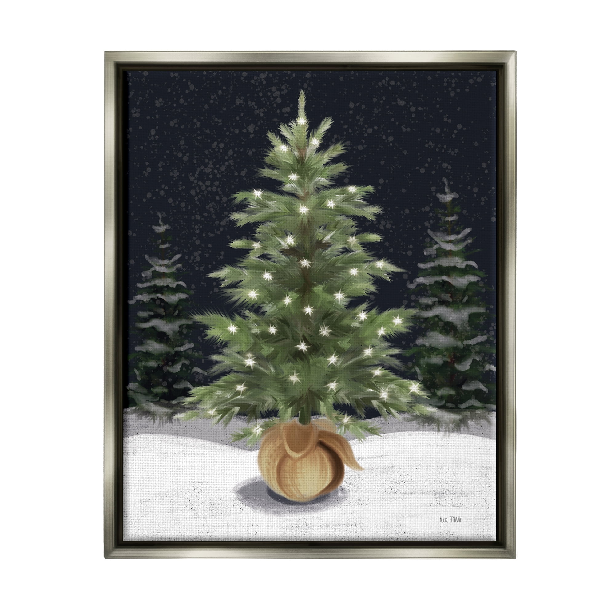 Stupell Industries Christmas Tree Snow Scene Holiday Painting Gray Floater Framed Canvas Art Print Wall Art, 17 x 21