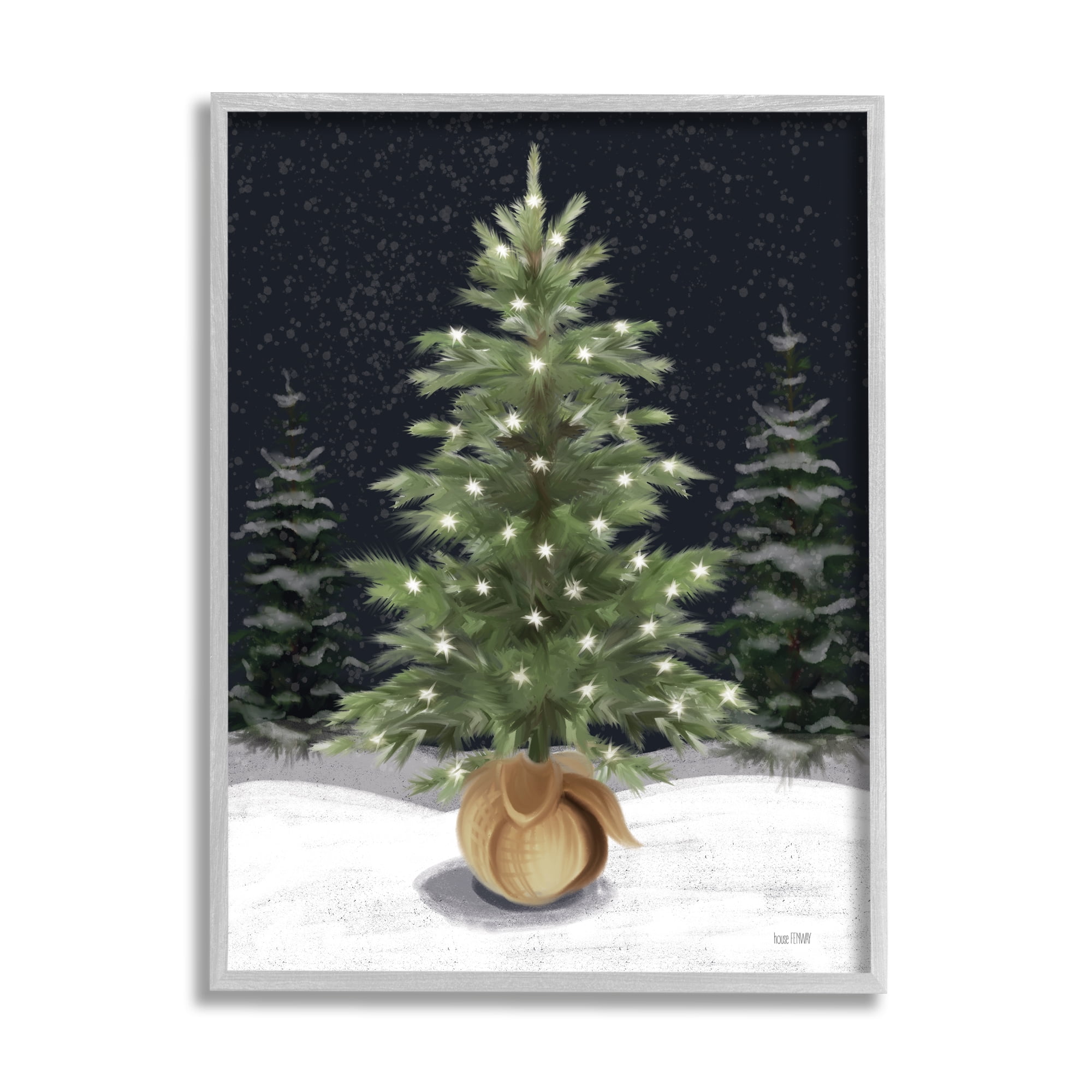 Stupell Industries Christmas Tree Snow Scene Holiday Painting Gray Framed Art Print Wall Art, 24 x 30