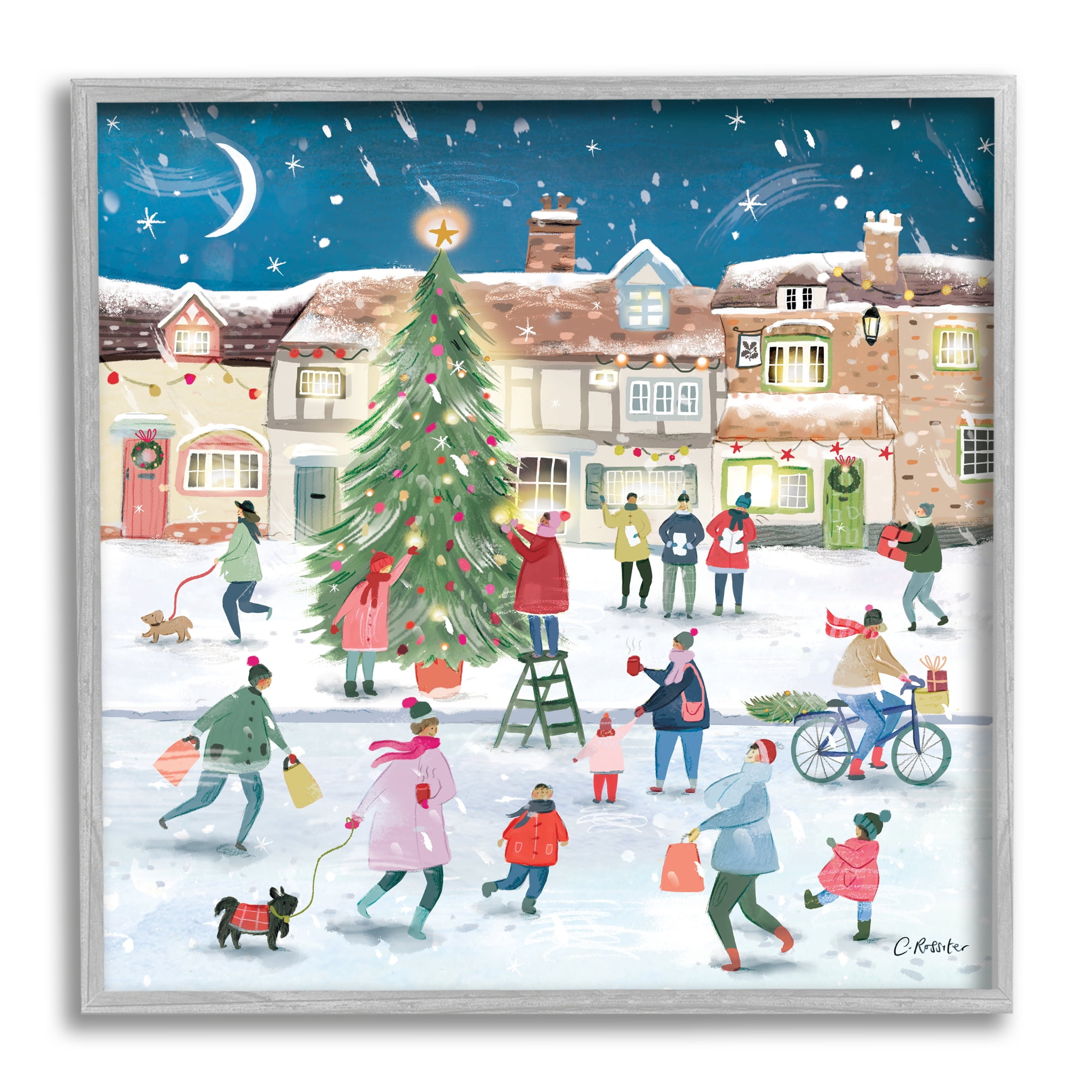 Stupell Industries Christmas Tree Town Scene Holiday Painting Gray Framed Art Print Wall Art