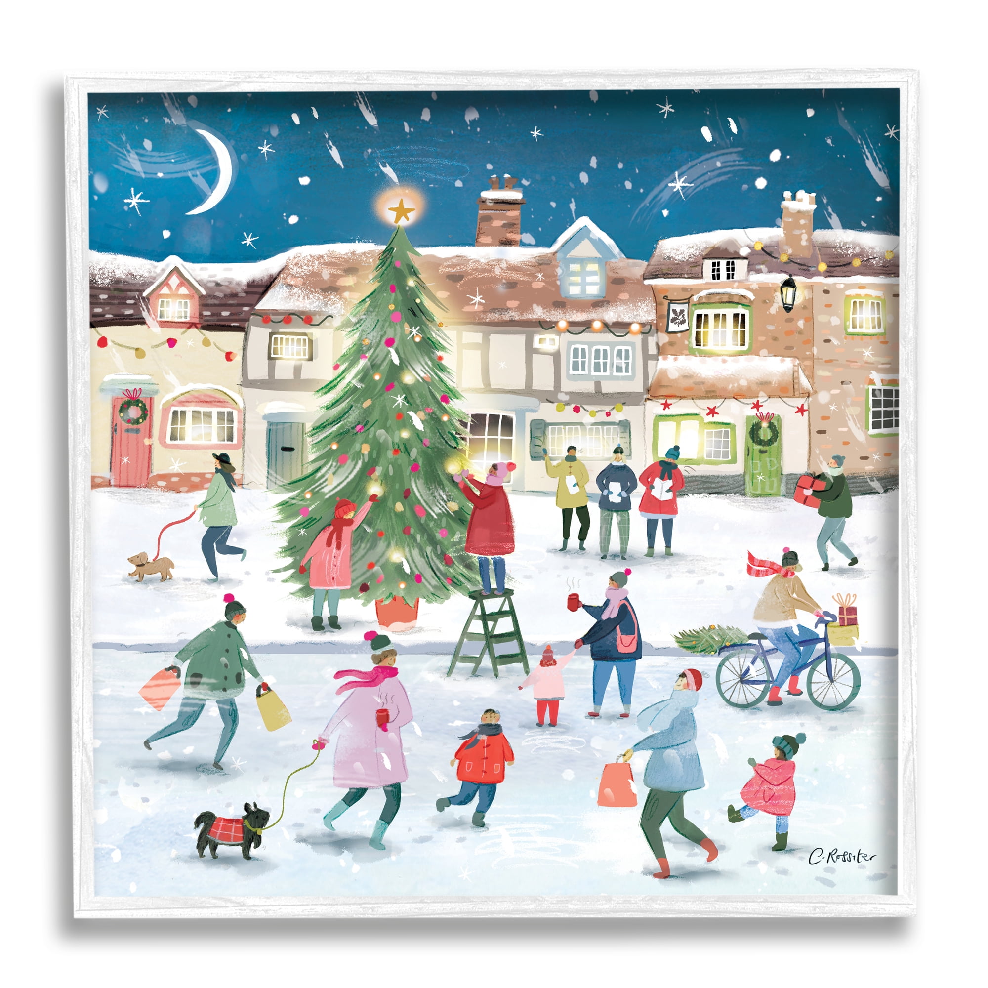 Stupell Industries Christmas Tree Town Scene Holiday Painting White Framed Art Print Wall Art