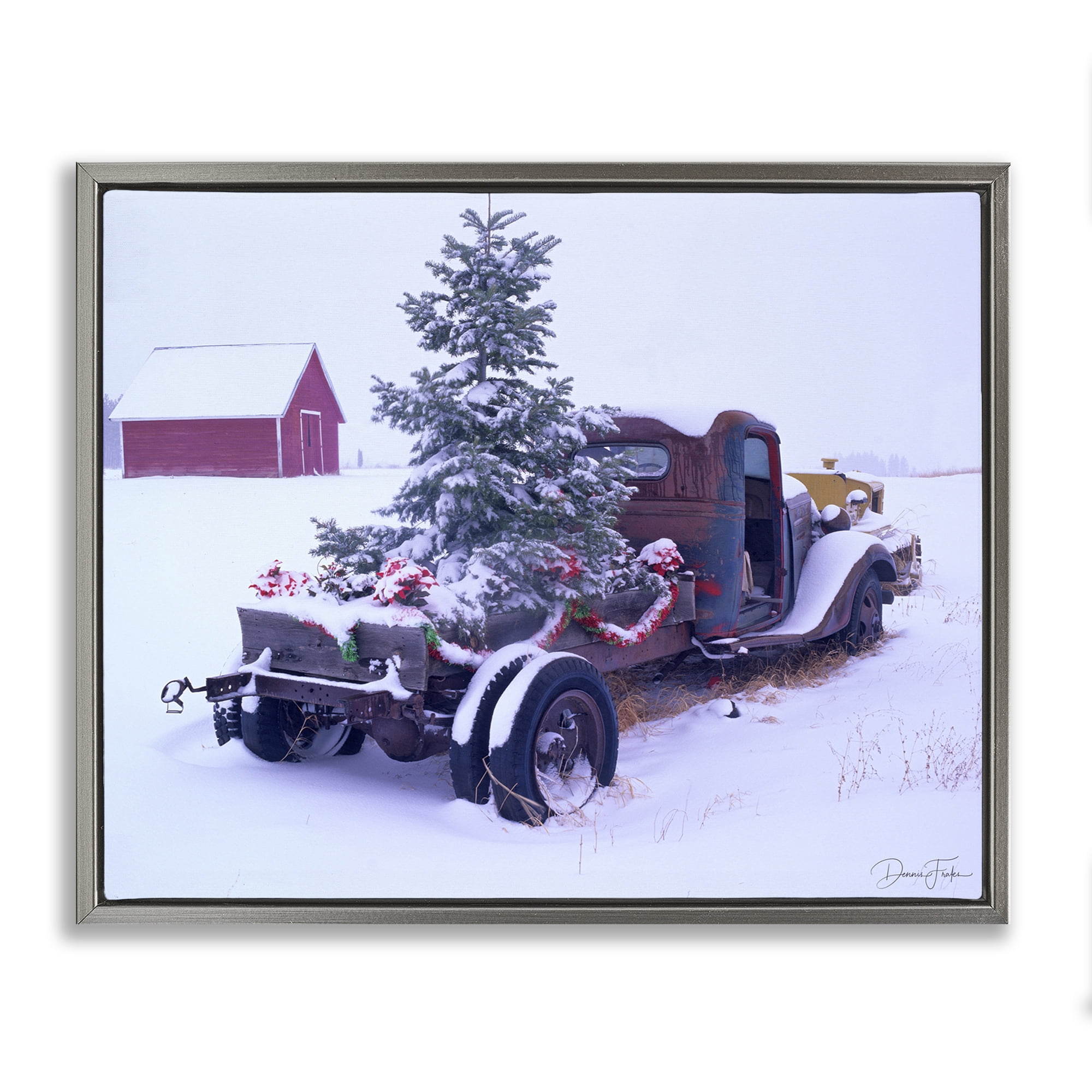 Stupell Industries Christmas Tree Truck Holiday Painting Gray Floater Framed Art Print Wall Art, 31 x 25