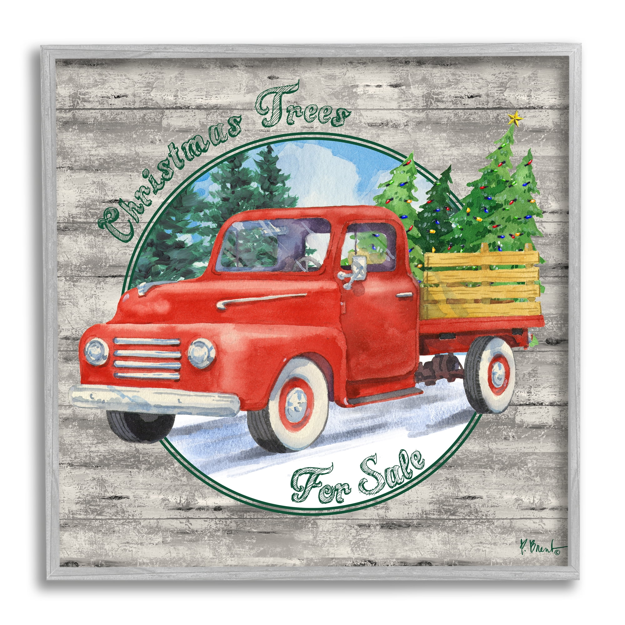 Stupell Industries Christmas Tree Truck Holiday Painting Gray Framed Art Print Wall Art, 24 x 24