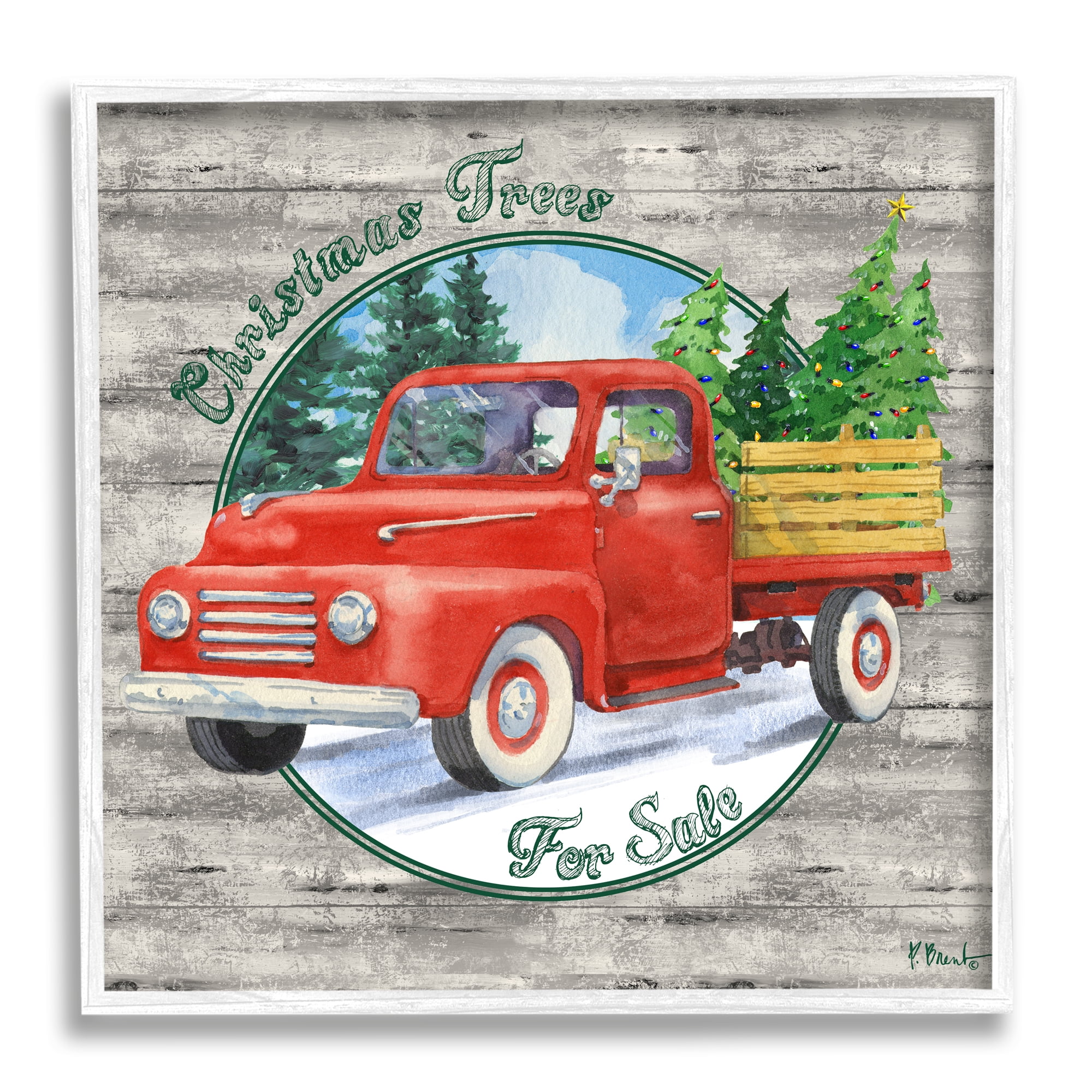 Stupell Industries Christmas Tree Truck Holiday Painting White Framed Art Print Wall Art, 17 x 17