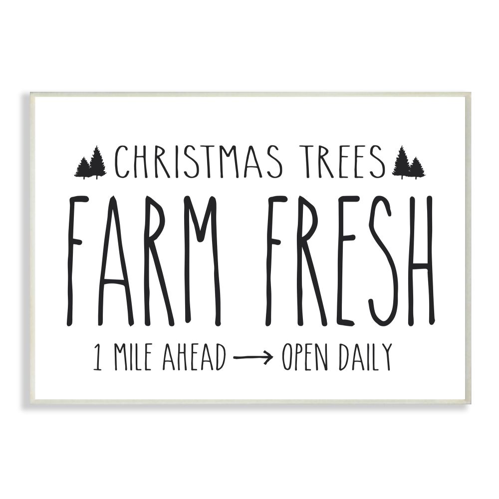 Stupell Industries Christmas Trees Farm Fresh Holiday Black And White Word Design Wood Wall Art By Artist Lettered and Lined