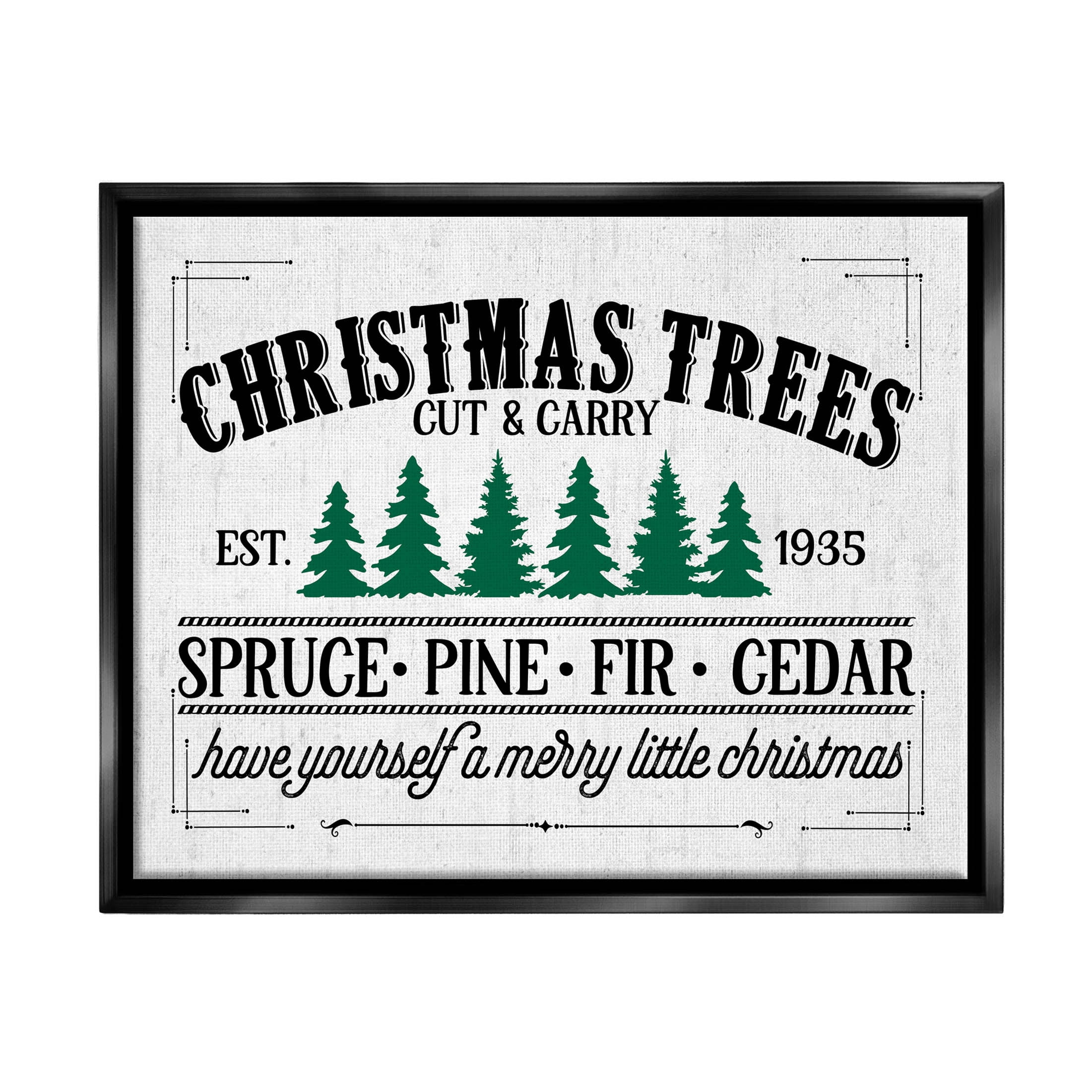 Stupell Industries Christmas Trees Vintage Sign Graphic Art Jet Black Floating Framed Canvas Print Wall Art, Design by Lettered and Lined