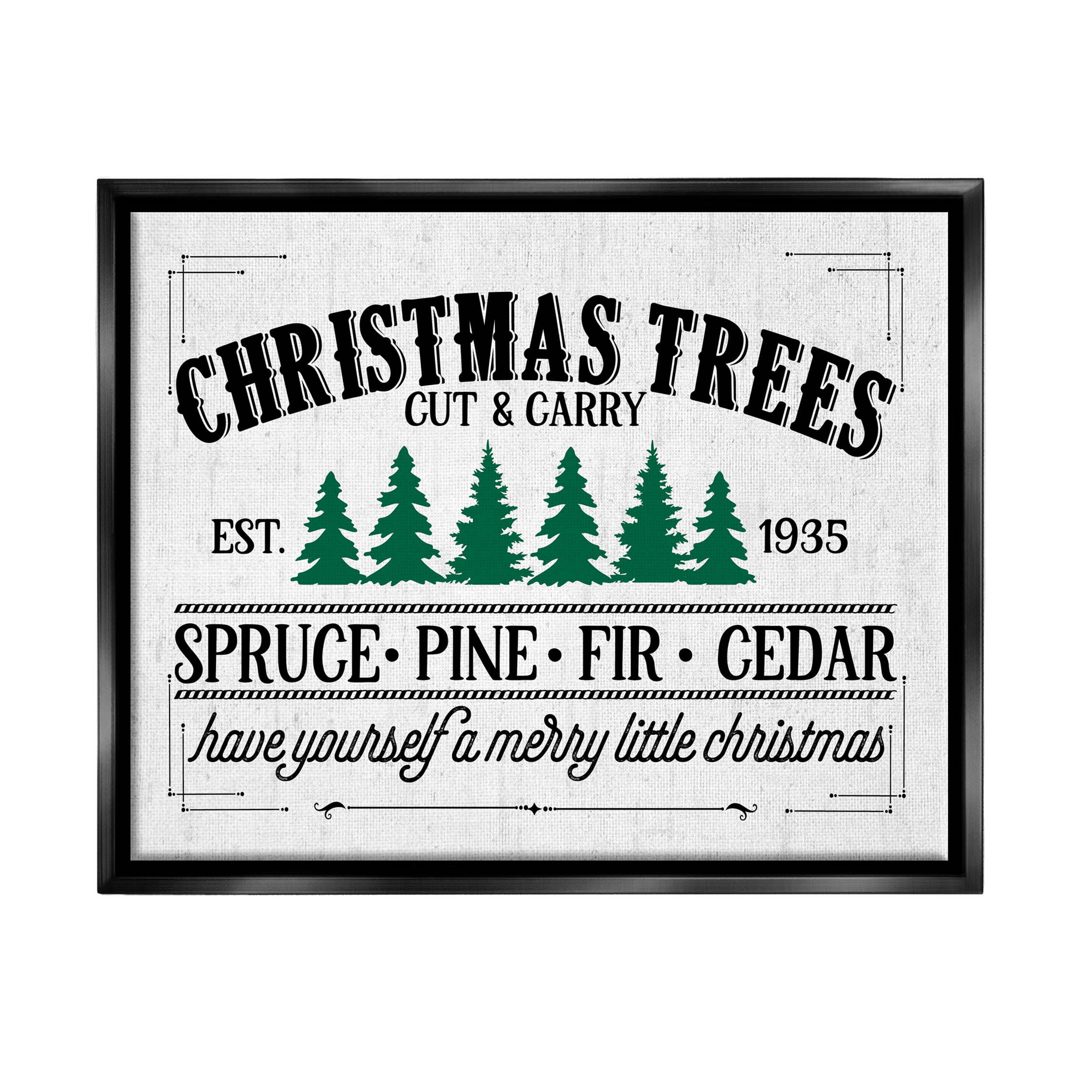 Stupell Industries Christmas Trees Vintage Sign Graphic Art Jet Black Floating Framed Canvas Print Wall Art, Design by Lettered and Lined