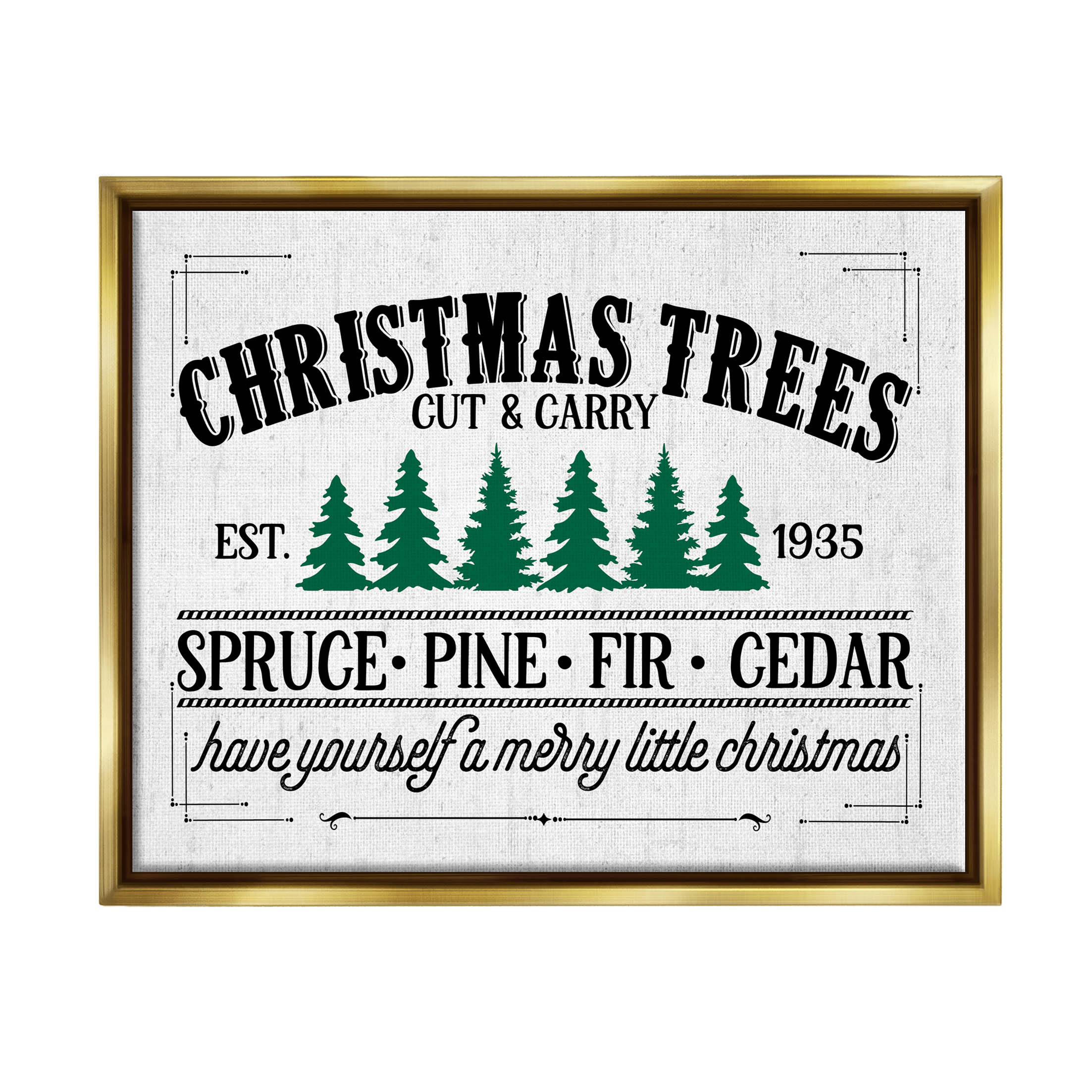 Stupell Industries Christmas Trees Vintage Sign Graphic Art Metallic Gold Floating Framed Canvas Print Wall Art, Design by Lettered and Lined