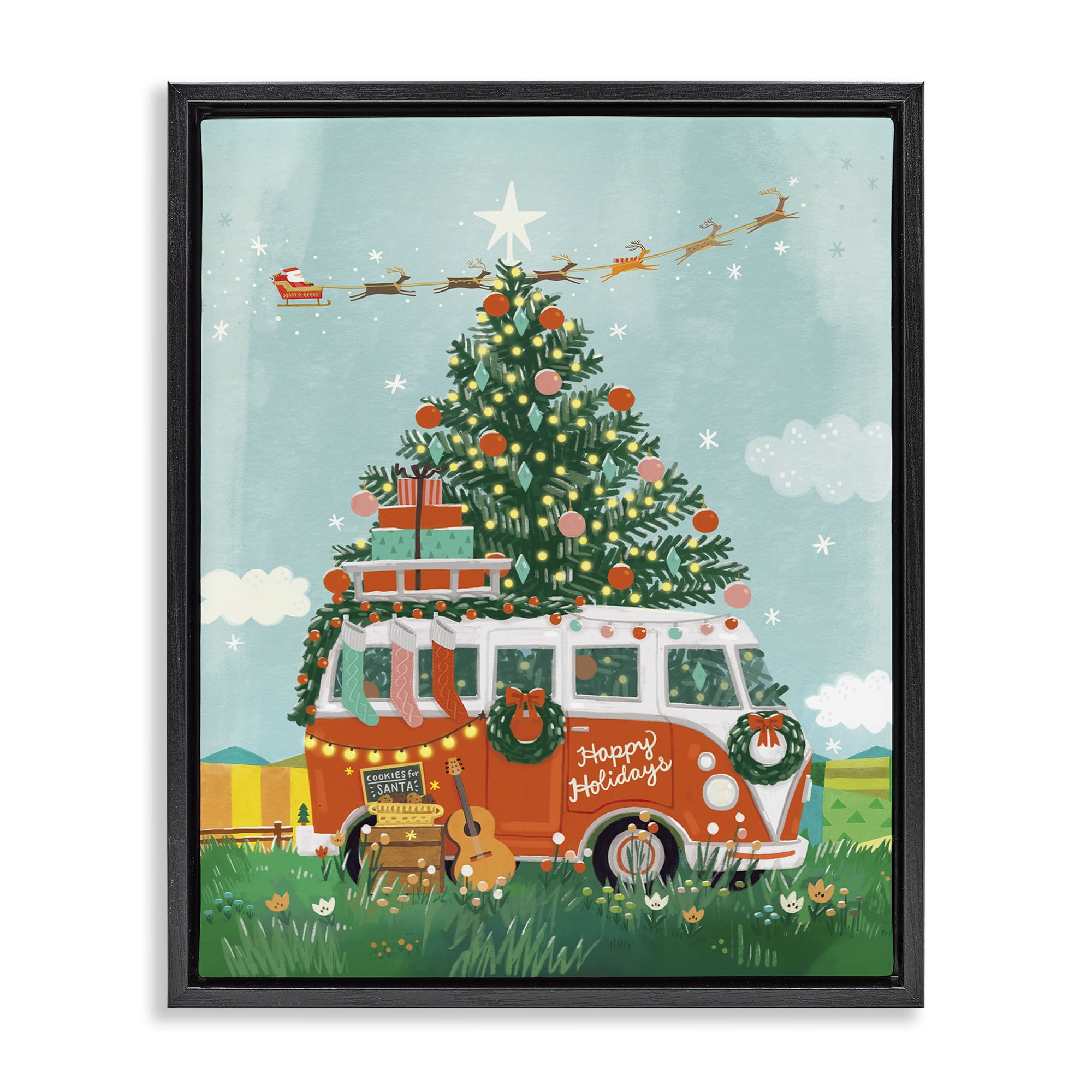 Stupell Industries Christmas Van Hangout Holiday Painting Black Floater Framed Canvas Art Prints Wall Art, 17 x 21
