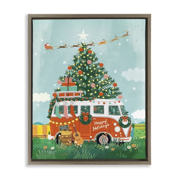 Stupell Industries Christmas Van Hangout Holiday Painting Brown Floater Framed Canvas Art Prints Wall Art, 17 x 21