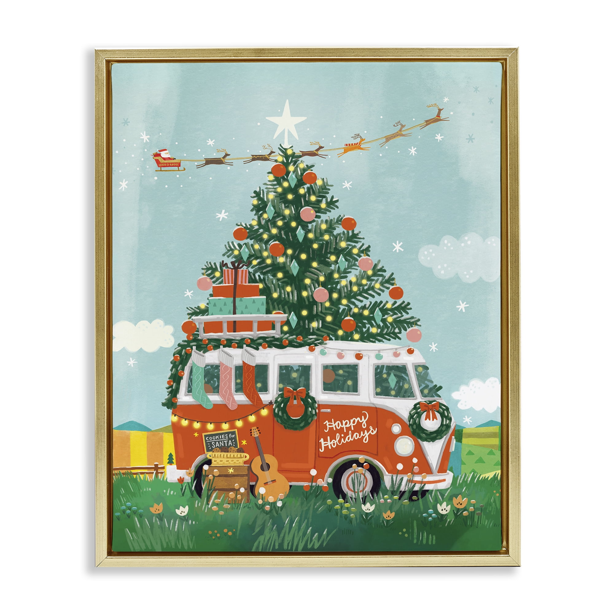 Stupell Industries Christmas Van Hangout Holiday Painting Gold Floater Framed Canvas Art Prints Wall Art, 17 x 21