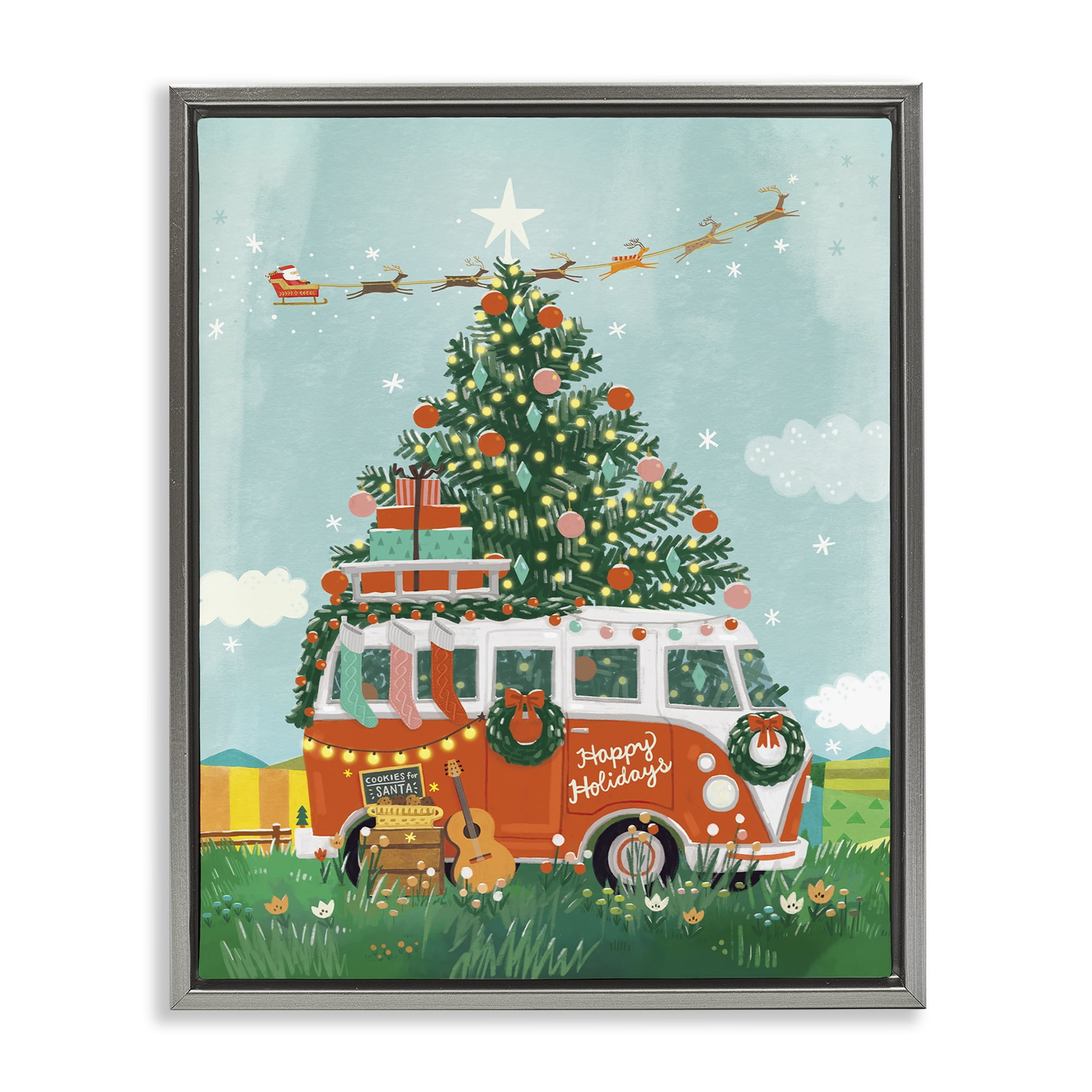 Stupell Industries Christmas Van Hangout Holiday Painting Gray Floater Framed Canvas Art Prints Wall Art, 25 x 31