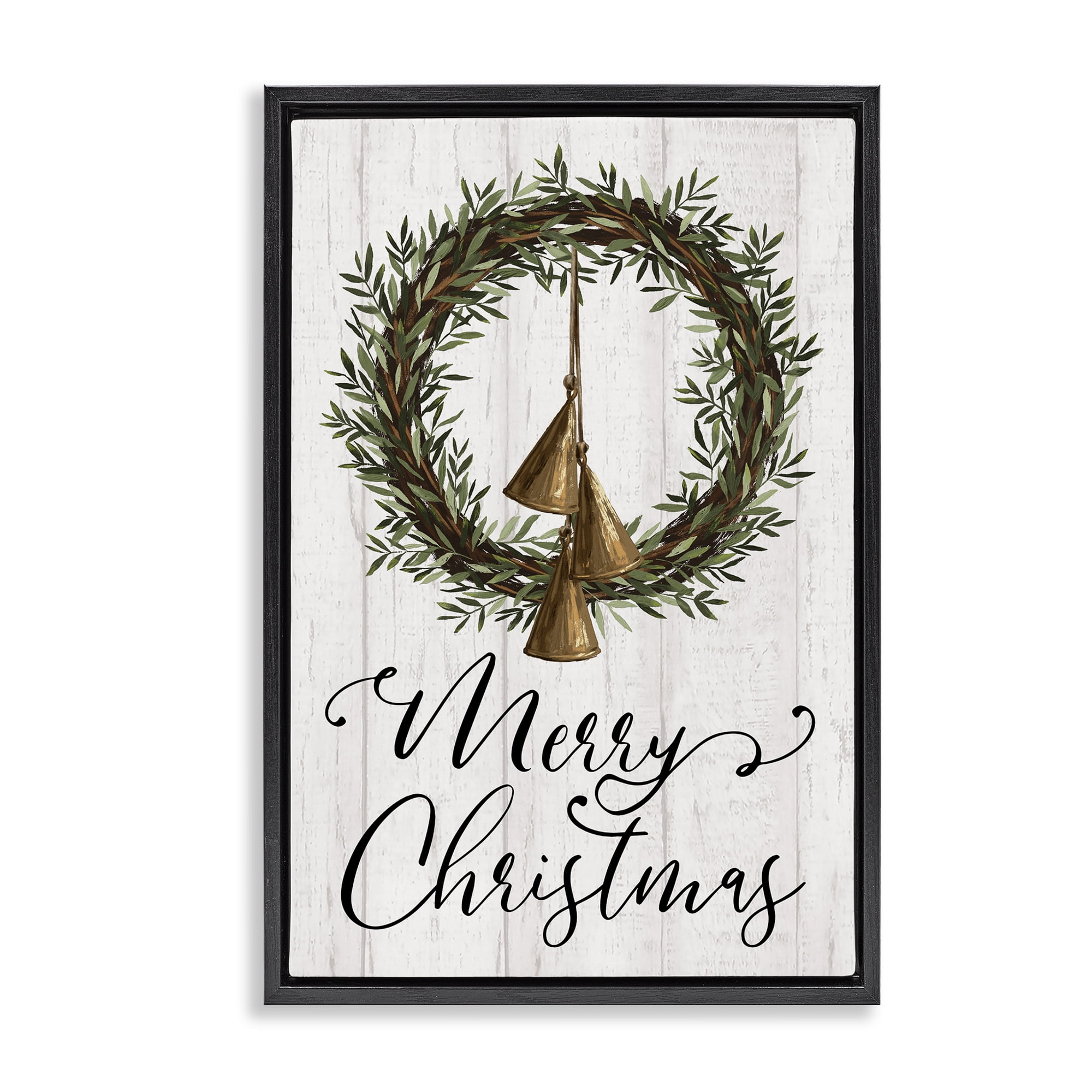 Stupell Industries Christmas Wreath & Bells Holiday Painting Black Floater Framed Canvas Art Prints Wall Art, 17 x 25