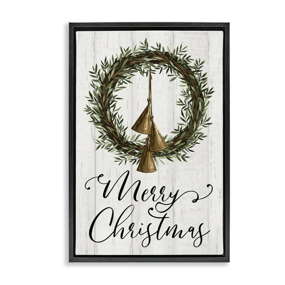 Stupell Industries Christmas Wreath & Bells Holiday Painting Black Floater Framed Canvas Art Prints Wall Art, 21 x 31