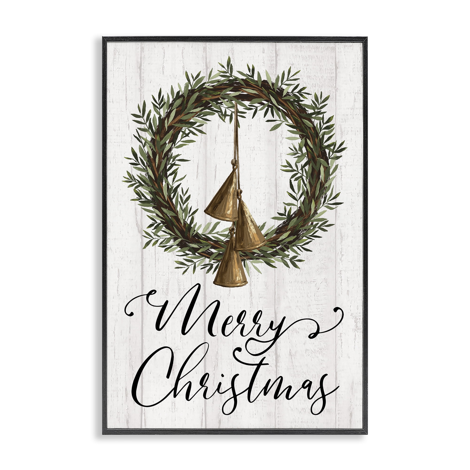 Stupell Industries Christmas Wreath & Bells Holiday Painting Black Framed Art Prints Wall Art, 12 x 18
