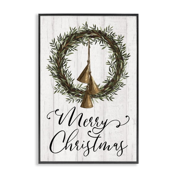 Stupell Industries Christmas Wreath & Bells Holiday Painting Black Framed Art Prints Wall Art, 20 x 30