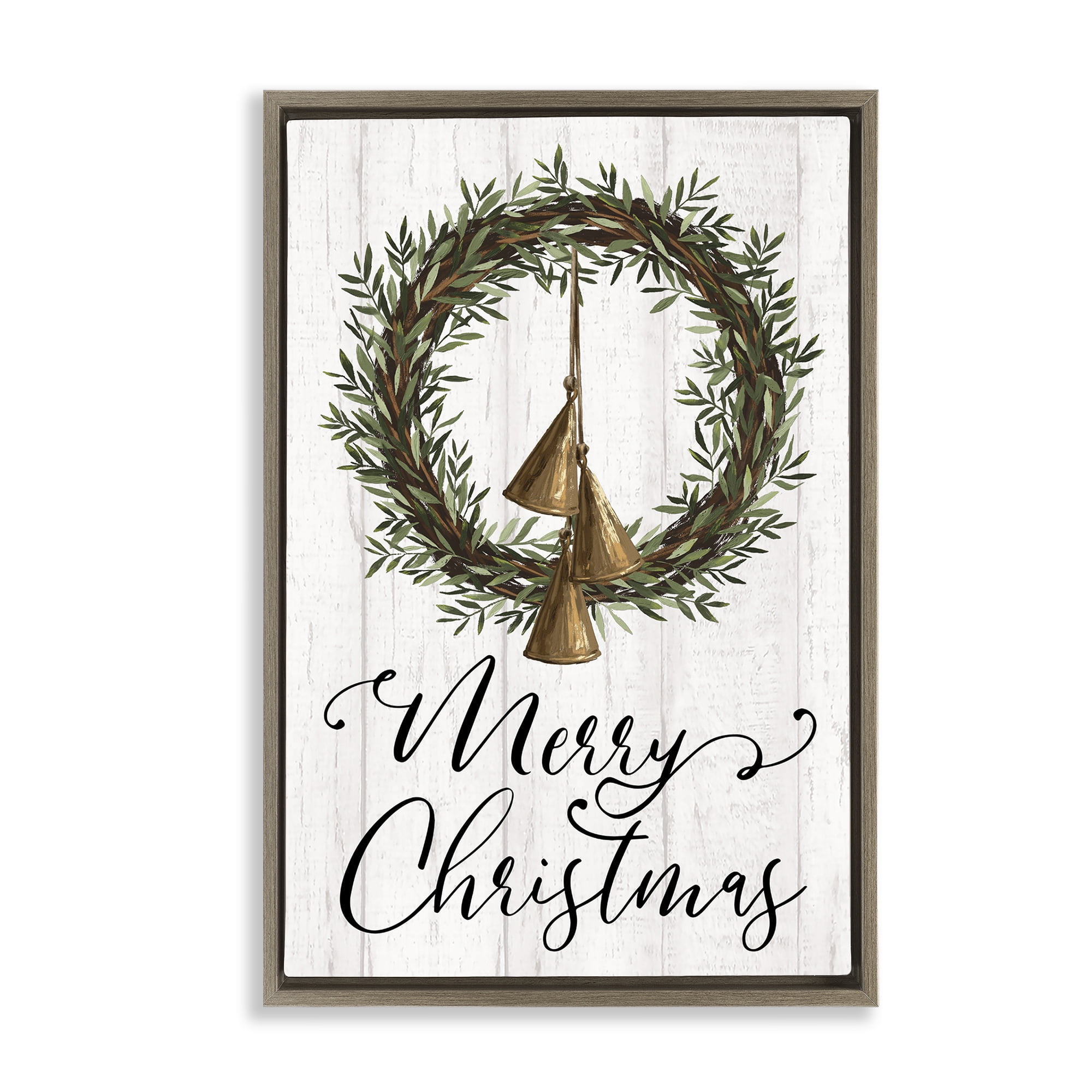 Stupell Industries Christmas Wreath & Bells Holiday Painting Brown Floater Framed Canvas Art Prints Wall Art, 21 x 31