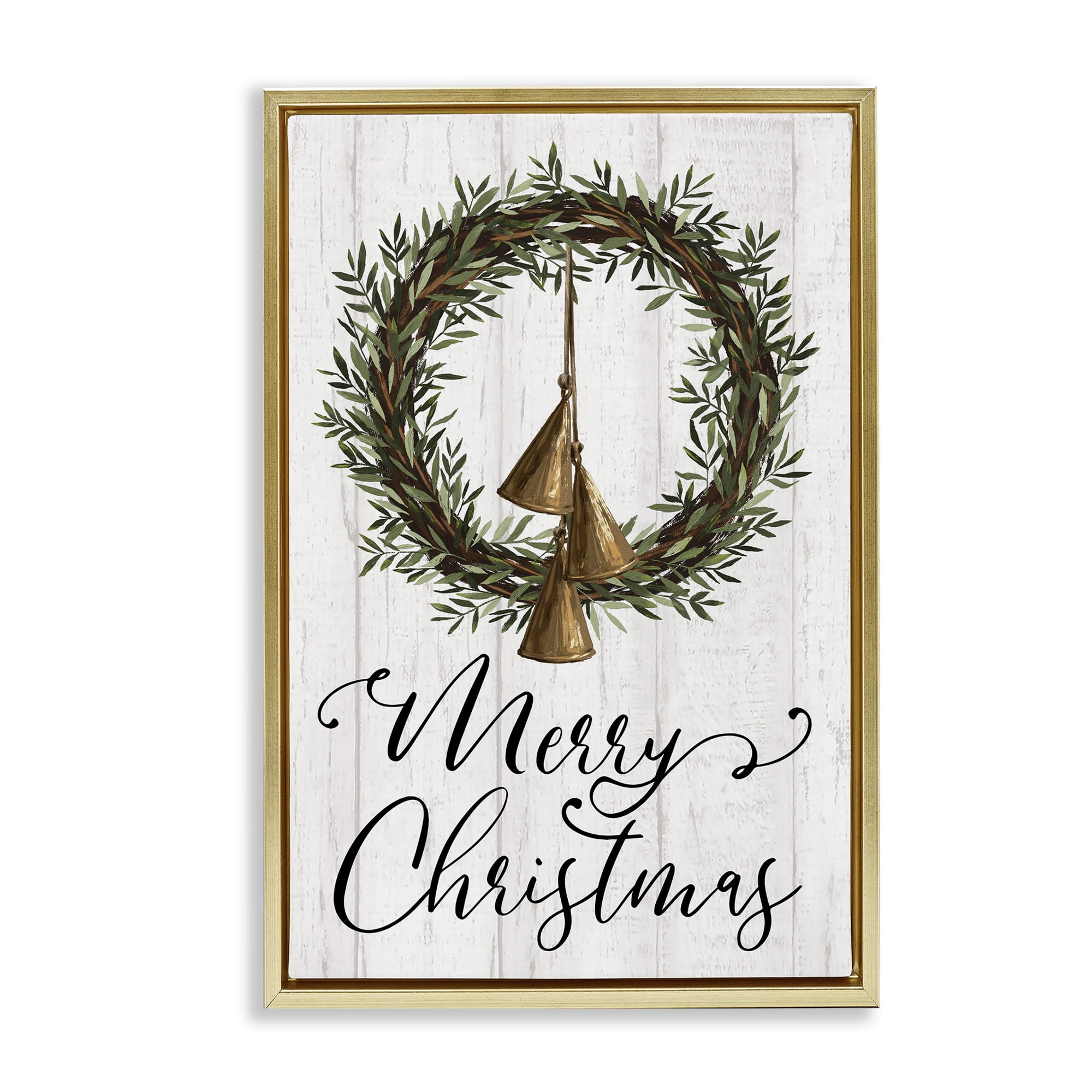 Stupell Industries Christmas Wreath & Bells Holiday Painting Gold Floater Framed Canvas Art Prints Wall Art, 17 x 25