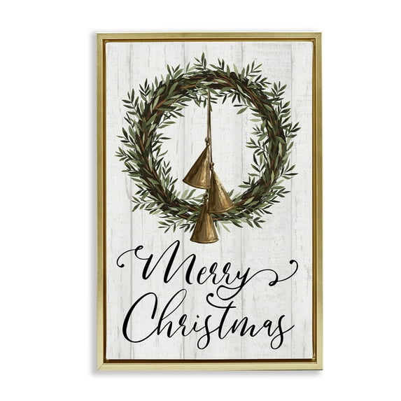 Stupell Industries Christmas Wreath & Bells Holiday Painting Gold Floater Framed Canvas Art Prints Wall Art, 21 x 31