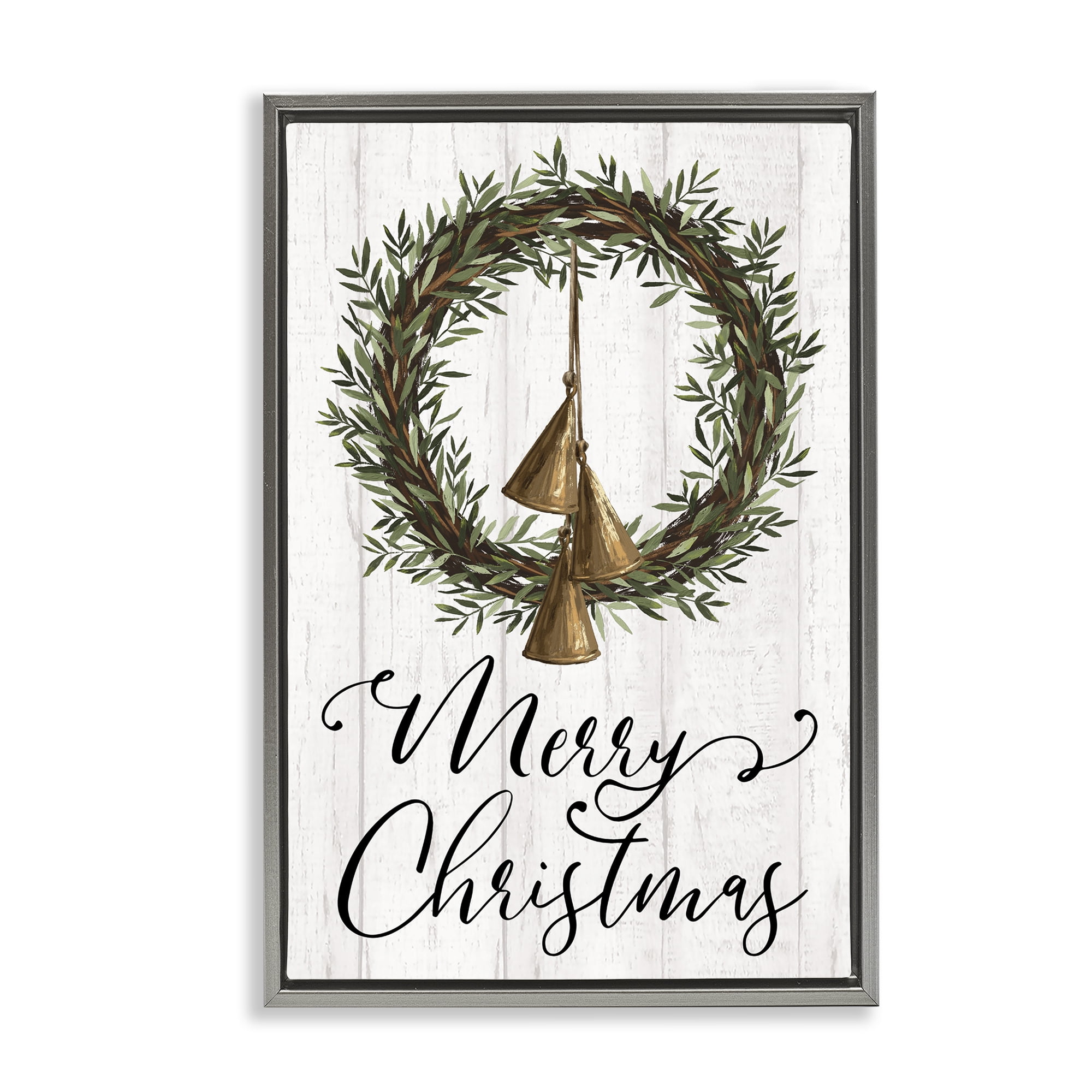 Stupell Industries Christmas Wreath & Bells Holiday Painting Gray Floater Framed Canvas Art Prints Wall Art, 21 x 31