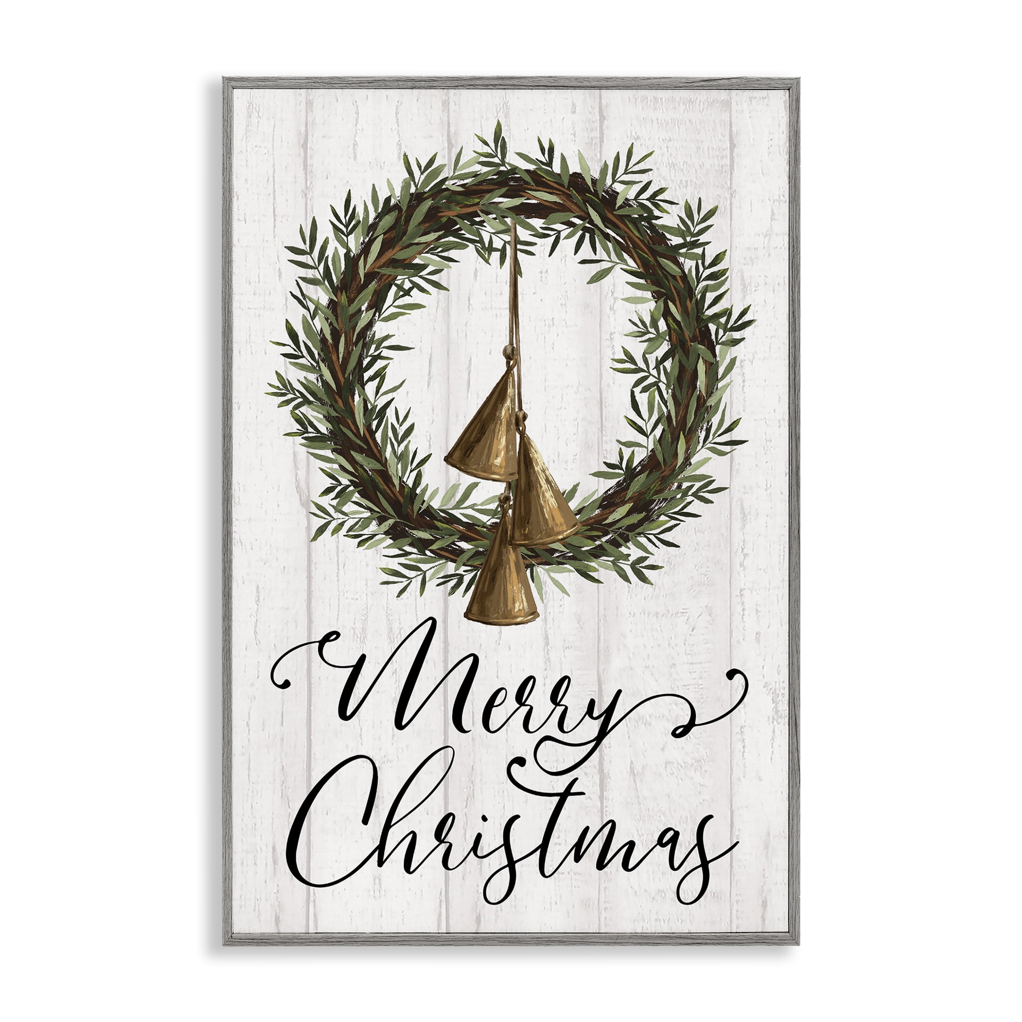 Stupell Industries Christmas Wreath & Bells Holiday Painting Gray Framed Art Prints Wall Art, 16 x 24